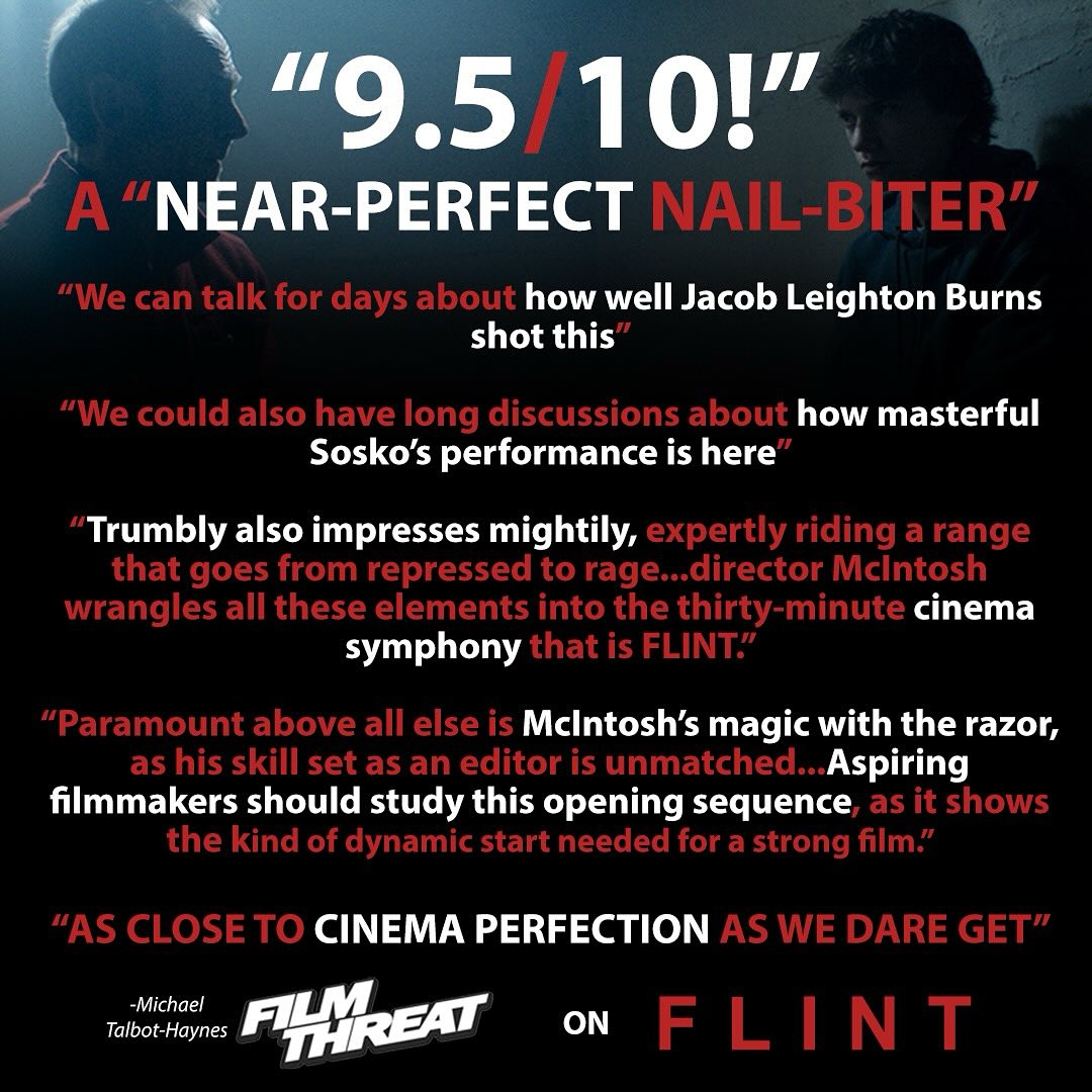 😱 FilmThreat.com LOVES #Flint! The review has more spoilers than I would like, but we can’t NOT share this incredible news! A few of the article’s highlights above! What @FilmThreat calls a “Near-Perfect Nail-Biter” plays @NorthHollywoodCineFest in 6 days! #WEDIDIT 😭❤️🎥
If you want the full SPOILER FILLED review, link in bio. Tix for #NoHo in bio too! #okiefilm #oklahomafilm #indiefilm #psychologicalthriller