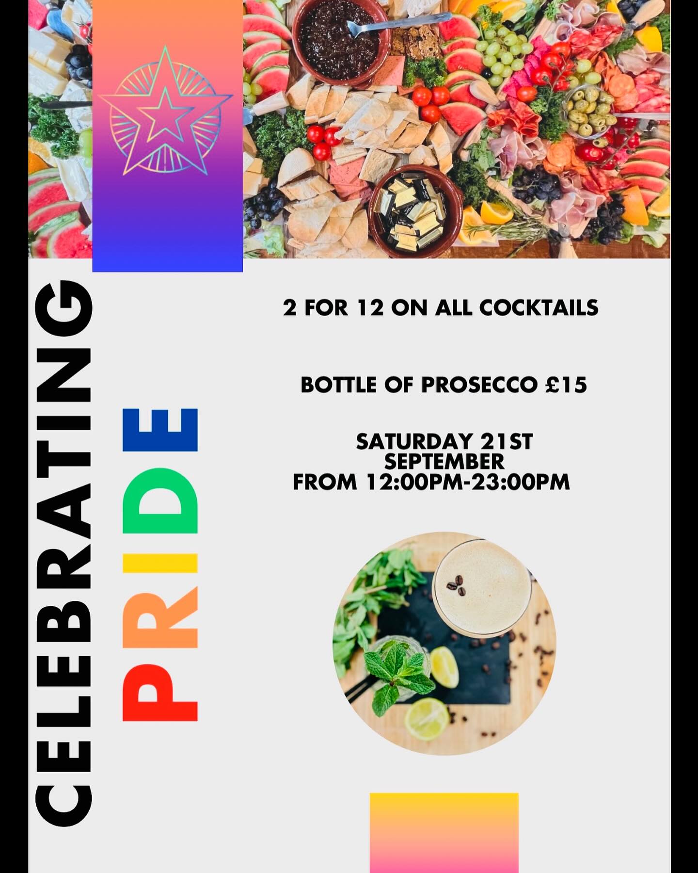 Join us this Saturday to celebrate Taunton Pride!
2 4 £12 on all cocktails
Bottle of Prosecco £15!