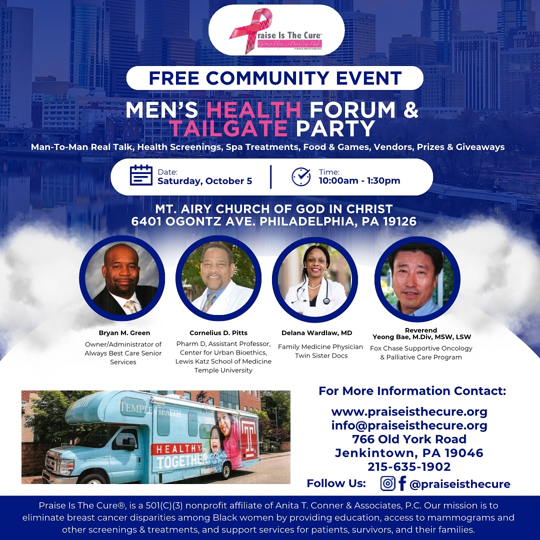 Join us for an empowering Men's Health Forum and Tailgate Event! This is a FREE community event where you can gain valuable health insights while enjoying great food, fun, and community. Let's support the men we love by spreading awareness and making health a priority! Don't miss out—bring a friend and let's make it a day to remember!
#MensHealth #PraiseistheCure #HealthMatters