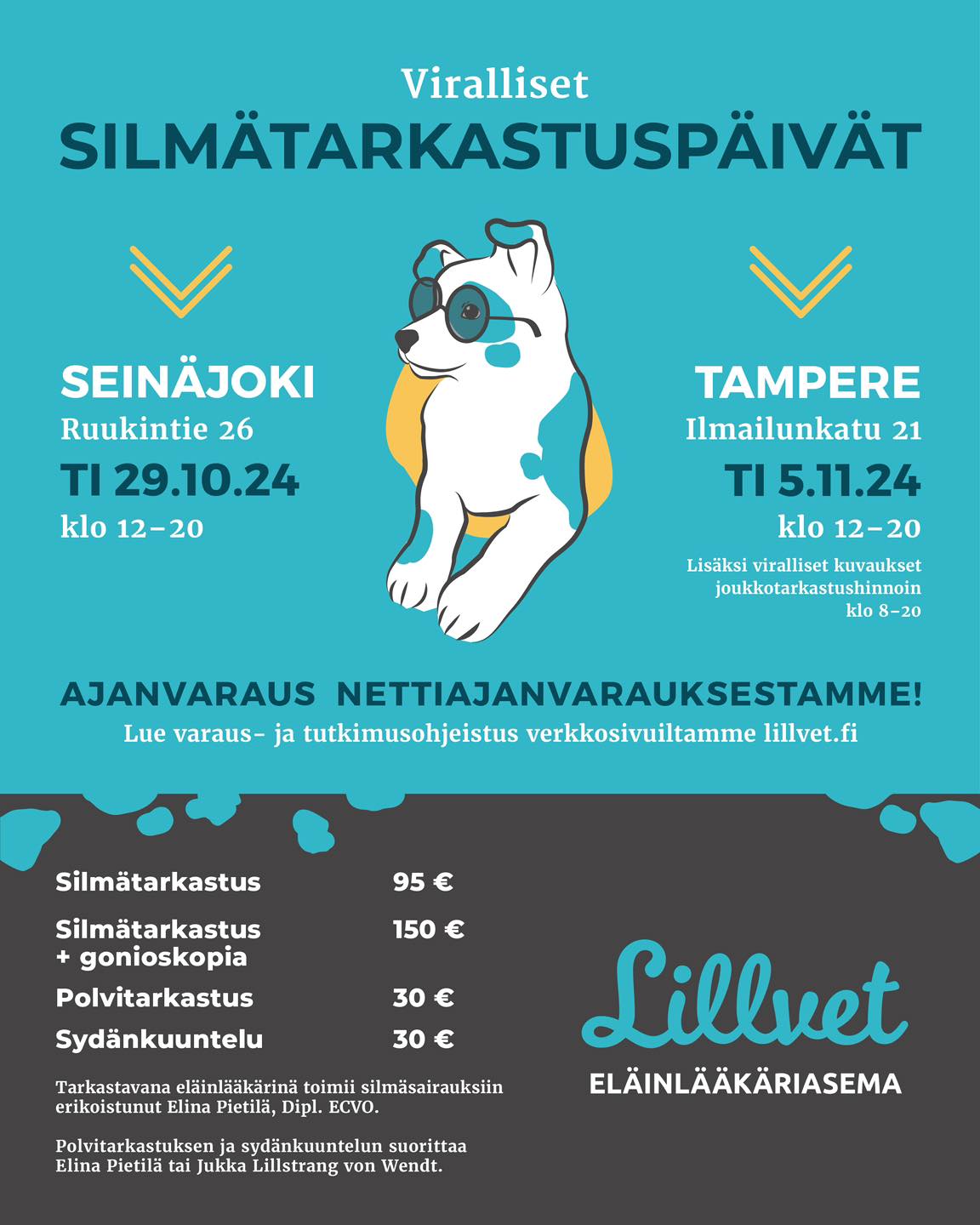 Sanotaan ettĂ€ silmĂ€t ovat sielun peili ja nyt niitĂ€ silmiĂ€ taas peilaillaan! đđ
SilmÀsairauksiin erikoistunut elÀinlÀÀkÀri Elina PietilÀ tulee jÀlleen Lillvet Tampereen ja SeinÀjoen klinikoille tekemÀÀn silmÀtarkastuksia. Elina on saanut ensimmÀisenÀ suomalaisena Diplomate of the European College of Veterinary Ophthalmologists (Dip. ECVO) -tittelin.
SilmÀtarkastuspÀivÀnÀ on myös mahdollisuus ottaa virallisia röntgenkuvia Tampereella ja rajoitetusti SeinÀjoella!
LisÀksi viralliset polvitarkastukset ja sydÀnkuuntelu onnistuu molemmilla klinikoilla silmÀtarkastuspÀivÀnÀ klo 12-20.
Varaukset röntgenkuvauksiin tehdÀÀn:
SEINĂJOKI
Puhelimitse suoraan klinikalle
đ 010 5011 872
TAMPERE
Nettiajanvarauksesta
đ» https://provetcloud.com/4230/onlinebooking/?lang=fi
Puhelimitse
đ010 5011 871
Huomioithan, ettÀ silmÀtarkastus pitÀÀ tehdÀ ennen röntgenkuvausta.
HUOM! Lue ohje silmÀtarkastusvaraukseen tÀÀltÀ: https://www.lillvet.fi/silmatarkastuspaivat
Ajat varataan netistÀ: https://provetcloud.com/4230/onlinebooking/?lang=fi