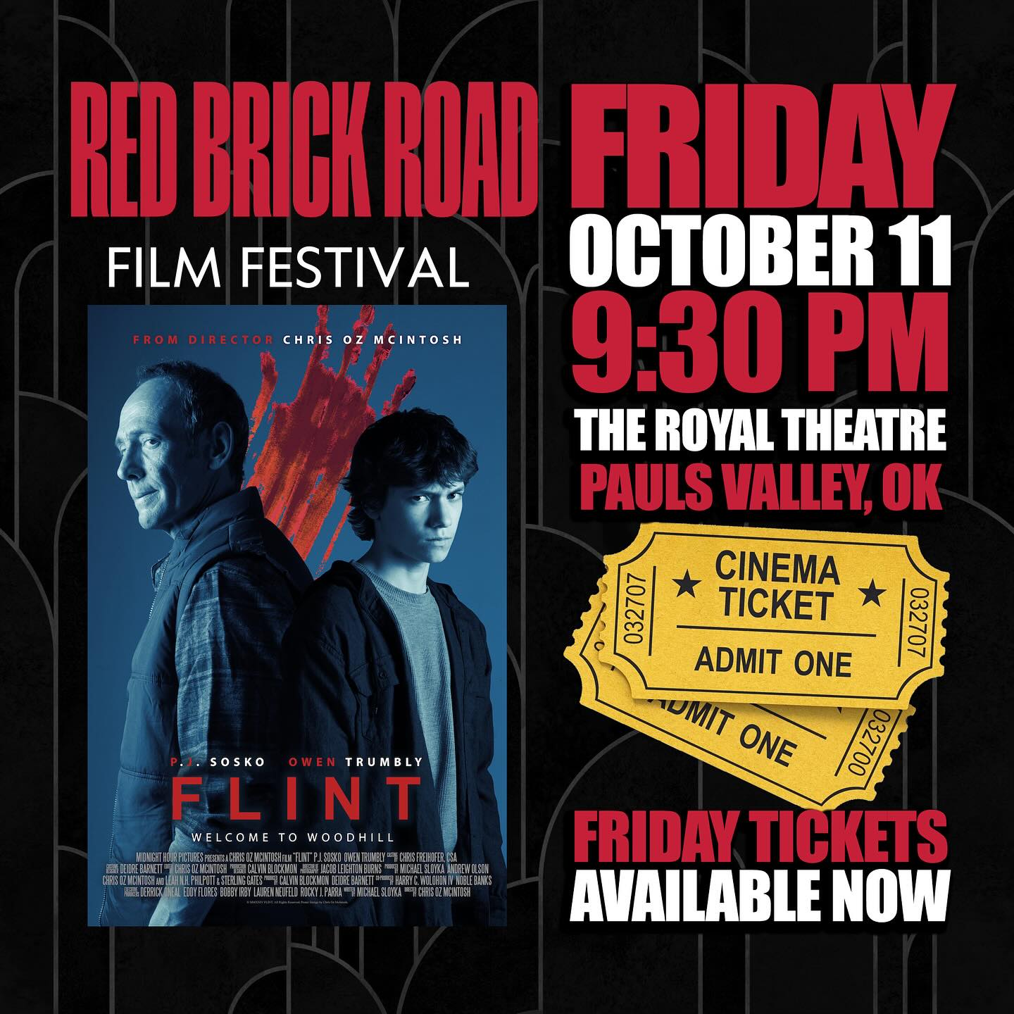 A lot of people near home in Oklahoma City have been asking me where they can catch #FLINT! Well, here’s your next chance! We are playing Friday, October 11 at 9:30pm at the Royal Theatre in Pauls Valley, OK as a part of Red Brick Road Film Festival! Come hang out with us! LINK IN MY BIO for TIX! 🎟️🎥🎞️🍿
#oklahomafilm #okiefilm #indiefilm #independentfilm @redbrickroadff