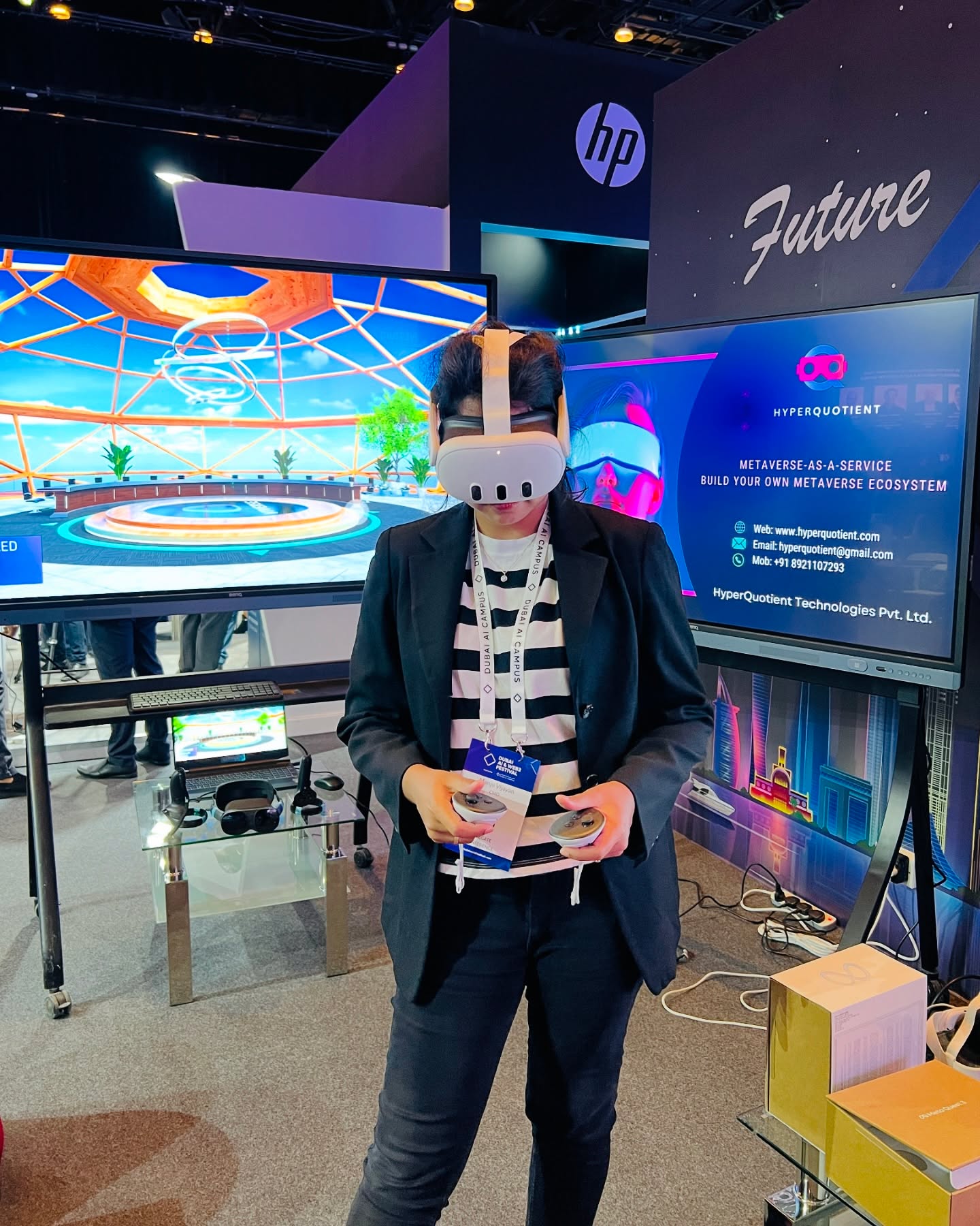 Dubai, you were amazing! 🌐✨
HyperQuotient rocked the AI & Web3 Festival, showcasing our latest in AR/VR and Metaverse tech powered by AI ! 🙌🚀
Ready to bring the future of digital interaction to life. #AIWeb3 #HyperQuotient #Metaverse #innovation #vrquotient