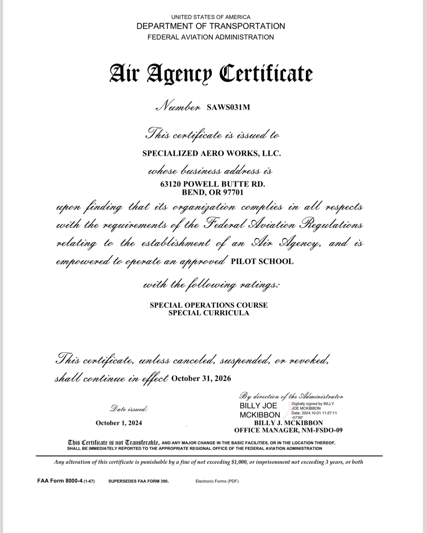 SAW just officially finished provisional status as a provisional part 141 school and is now a fully rated 141 pilot school. The requirements were met some time ago, but had to wait for the FAA to catch up on paperwork.
We are proud to be one of the very few 141 UPRT & spin certified schools in the USA.
Come and see what SAW can do for you.
Fly-SAW.com