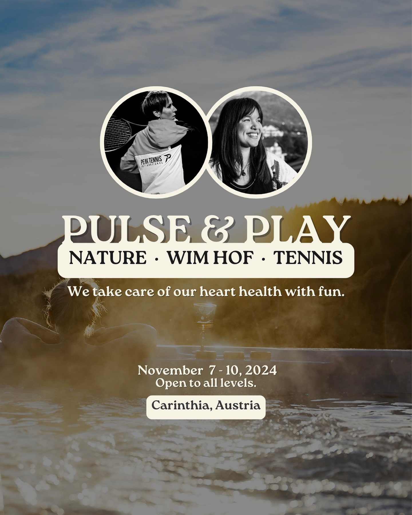 November 7-10 🧘♀️ A unique and intimate weekend blending Nature, Wim Hof Method & Tennis in Carinthia, Austria.
Program includes:
🌿Gorgeous 3-night accommodation at 1400m overlooking the Alps.
🌿Exclusive sauna and whirlpool access.
🌿 Guided Wim Hof Method activities: breathwork and cold exposure in nature.
🌿 Group tennis lessons (including Cardio Tennis— like HIIT workouts on a court with music).
🌿Free time for nature walks, reading and relaxing with yourself and others.
🌿A blend of traditional & healthy food crafted by our private local chef.
🌿Airport transportation.
Open to all levels regardless of your breathwork, cold exposure or tennis experience.
Regina from @peak_tennis_international and Jenny @jennyquenard are designing all activities to have everyone progress in a safe way while having fun.
Four days dedicated to nurturing yourself and taking care of your heart health with fun and stunning views.
Maximum 12 participants and already half full.
👉 All details and sign up at peaktennisinternational.com/retreats (link in bio)
If you need any more info, DM @jennyquenard or @peak_tennis_international and we can chat to see if this retreat is a good fit for you 😘
#wimhofbreathing #wellnessretreats #personalhealth #wimhofmethode #tennisretreat #coldexposure