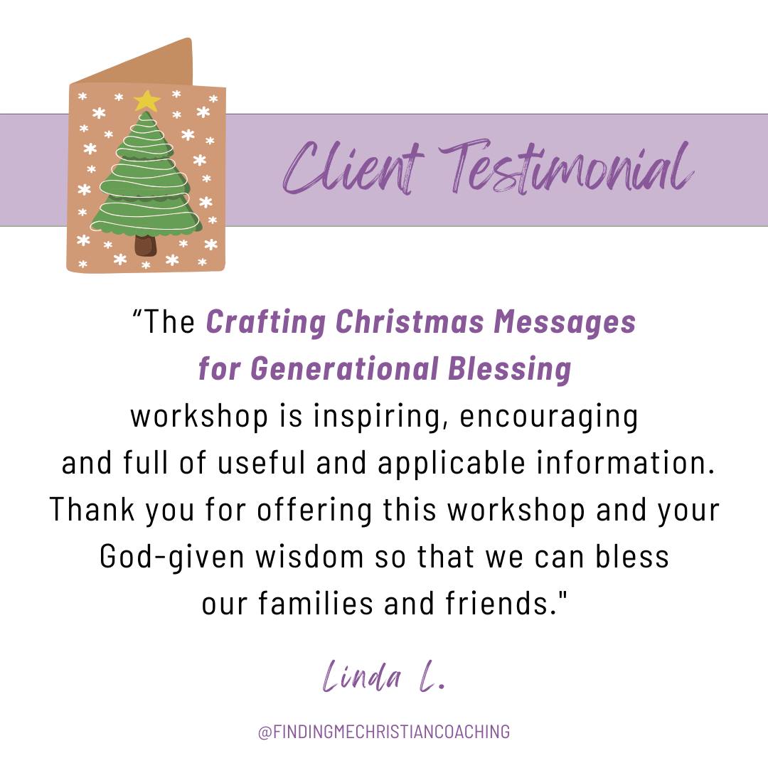 What makes this important? 🌷
Linda participated in the Crafting Christmas Messages for Generational Blessing workshop last year. She loves to write cards and notes and also shared, "what you provided is so helpful and will keep me focused." 🎄🎁
When we write words affirming who our loved ones are as God’s beloved children, we tap into their core needs to feel loved, to feel significant and to know that they matter.
As humans, we are forgetful people. This world can make us question our worth, identity, and purpose, but God’s Word reminds us of who we truly are.
Your part as a Christian woman who wants to impact her circle of influence is to remind those you care about that they are deeply loved and their true identity is not based on what they do - their performance, but on what Jesus has done for them.
These truths help them navigate life’s challenges with confidence, knowing that they have God’s power working within them. (Ephesians 3:20)
Would you like to speak life into your loved ones and point them back to God’s love and truth?
Join me for this impactful workshop, Crafting Christmas Messages for Generational Blessing, this Sunday, November 3rd!
Link in BIO to register! 👆
#findingyou #identityinChrist #personalgrowth #Christmasmessages #Enneagramcoach #Christianlifecoach #Christianwomen #identityinChrist #legacy #selfawareness #Enneagram1 #Enneagram2 #Enneagram3 #Enneagram4 #Enneagram5 #Enneagram6 #Enneagram7 #Enneagram8 #Enneagram9 #Enneagramlifecoach #lifecoachforChristianwomen #loved #significant #youmatter #personality #impact #lifegiving #remember #gift