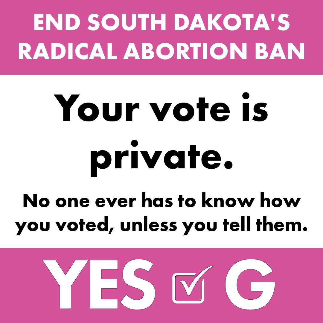 South Dakota’s abortion ban has no exceptions for rape, incest, or even severe threat to the woman’s health. Once you cast your ballot, there is no connection to your name. No one will know how you voted. Not your boss, not your husband, not your dad. Vote YES on G to end the abortion ban. 🩷
#reproductivefreedom #hifromsd #sodak #greatfacesgreatplaces #YESonG #endtheabortionban