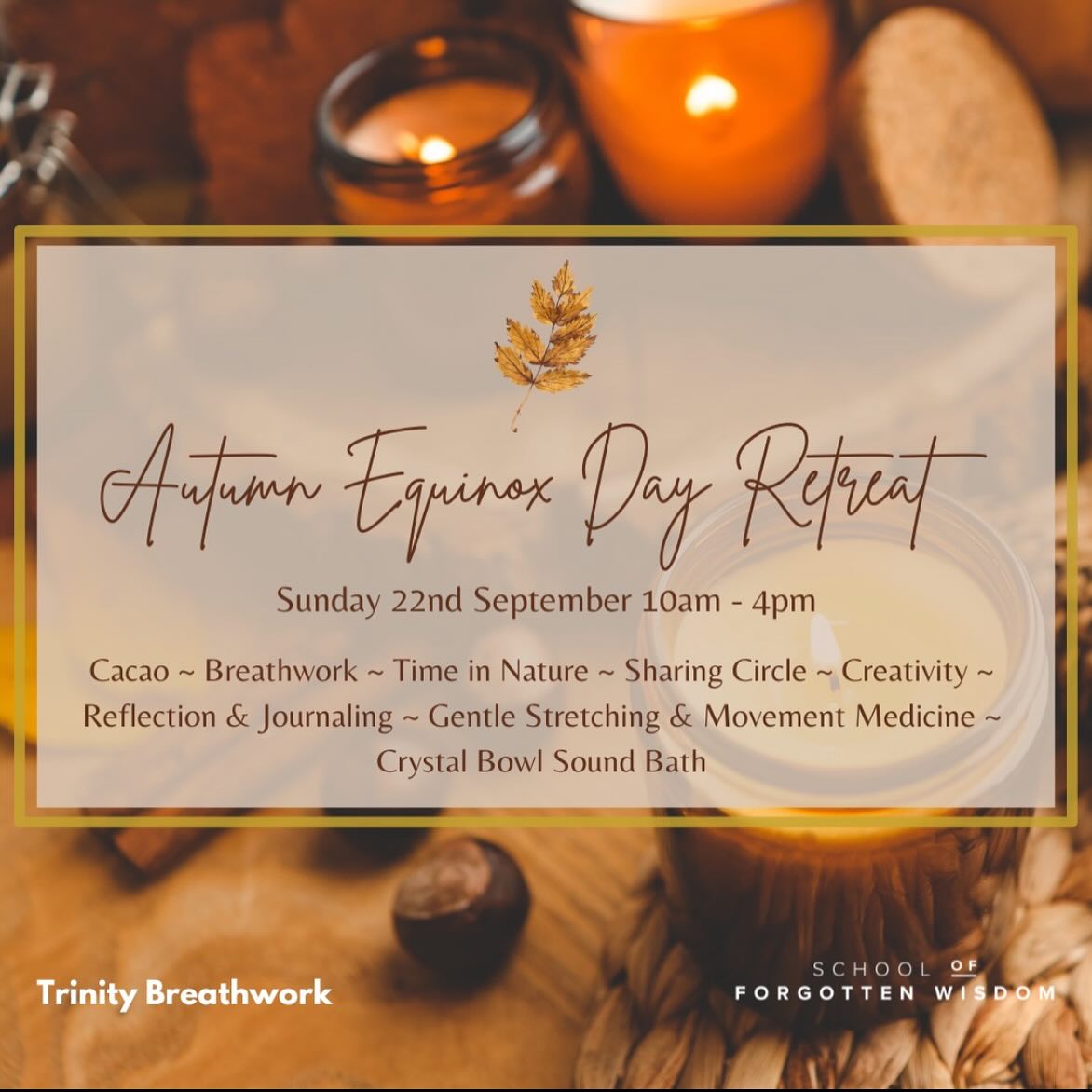 Autumn Equinox Day Retreat - FINAL DAY FOR EARLYBIRD! 🍂
As the leaves turn towards the golden, russet tones of autumn we begin to draw our energy inwards and return to the hearth to warm our fingers and toes.
Autumn is the season of creature comforts, warm beverages, candles and cosy blankets. It’s a time for linger in the dream space, for going inwards to reflect on the year so far and all we have learnt and are now ready to shed.
Our Autumn Equinox Day Retreat brings with it an invitation for stillness, a moment to catch your breath before we descend into the darker half of the year. This auspicious day holds the perfect equilibrium of light and dark, creating the supportive energy for you to land in the present moment. From this place you will find space to come home to yourself, be held, witnessed and supported, creating a sense of inner balance and peace.
It is our intention for you to experience a deeply nourishing, supportive and restorative day, cocooned within the beautiful setting of St Paul’s Church.
We are also delighted to welcome our very talented guest practitioner Natalie from Northern Alchemy Therapies. Natalie will sooth your mind, body and soul with the dreamy tones of her crystal singing bowls. If you haven’t experienced a crystal bowl sound bath before you are in for a treat!
By aligning ourselves with the earth’s cycles we find our own natural rhythm and deepen the connection to ourselves, to nature and to our life. We are honoured to hold this space for you.
*Book by the 12th August 2024 using the coupon code AUTUMN and make the most of our early bird offer (£88 instead of £111). Limited spaces available
This seasonal retreat day has been curated by experienced space holders, Hilary of Trinity Breathwork and Sarah of School of Forgotten Wisdom. Together we will weave our individual magic and expertise to facilitate an experience that deepens your soul’s connection to life.
*The breathwork advertised is conscious connected breathwork
Over 18’s only.
To book the final space on this retreat please reach out 🙏
#autumnequinox#dayretreats#equinoxrituals#turnoftheyear#cyclesofearth