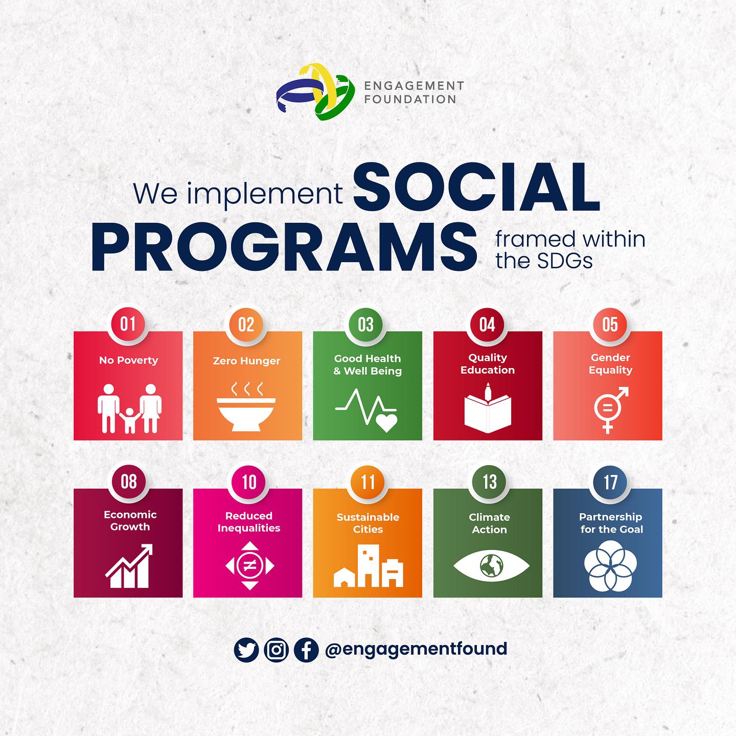 The Sustainable Development Goals (SDGs) address a wide range of global challenges. They have become a universal call to end poverty, protect the planet, and ensure that all people enjoy peace and prosperity.
We transform lives through programs aligned with the SDGs, providing essential tools to drive the comprehensive development of individuals and communities.
Thank you all for being the driving force behind our efforts to achieve the Sustainable Development Goals. With your support, we are building a more sustainable and just world. Every action counts! 💙🌍💙🌍
#ODS #IntegralDevelopment #EngagementFound #socialprojects #commitment #perseverance #education #communitydevelopment #communityengagement