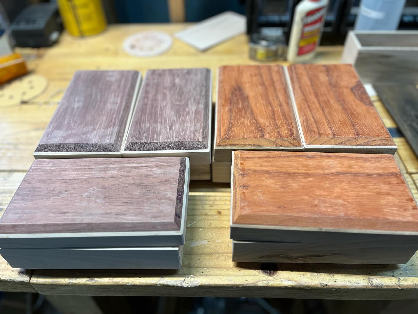 Another batch ready for finish! Padauk, Purple Heart and NY Maple. Each one has its own character and it’s fun to watch them come together to form a personality. #woodworking #keepsakebox