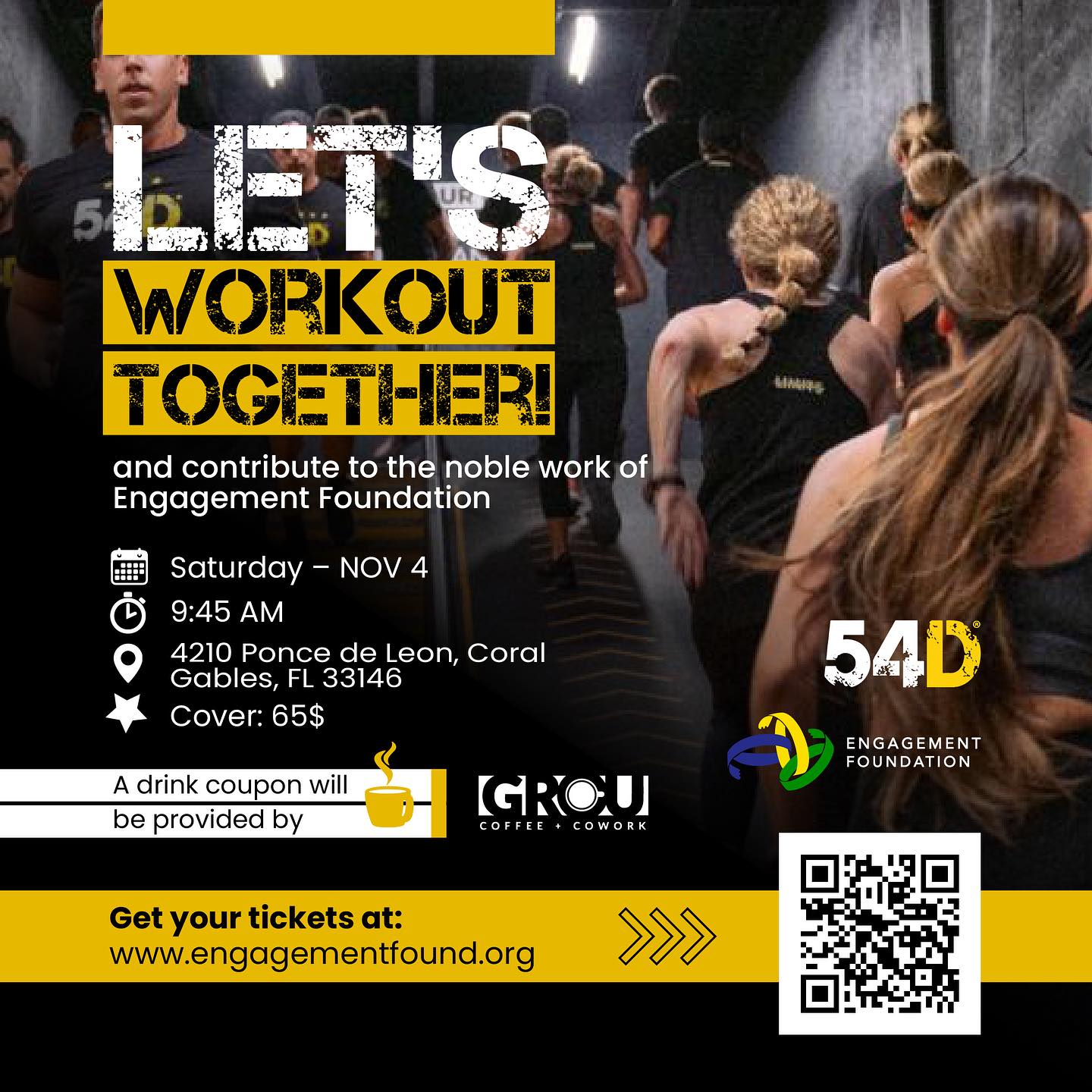 Join us for an Ultimate Fitness Experience!🤩
Are you ready to transform your body and boost your fitness journey? Don’t miss our upcoming workout event with 54D and Engagement Foundation
What to Expect:
- A high-intensity workout designed to burn excess fat and strengthen muscle fibers.
- Expert guidance to help you achieve a toned and athletic body.
- Complimentary coffee coupon from GROU COFFEE to recharge after the session.
Date: Saturday – Nov 4
Time: 9:45 AM
Cover: 65$
Please be on time, as access to the training will not be permitted once the class has started.
Don’t miss out on this opportunity to sweat it out and achieve your fitness goals!
