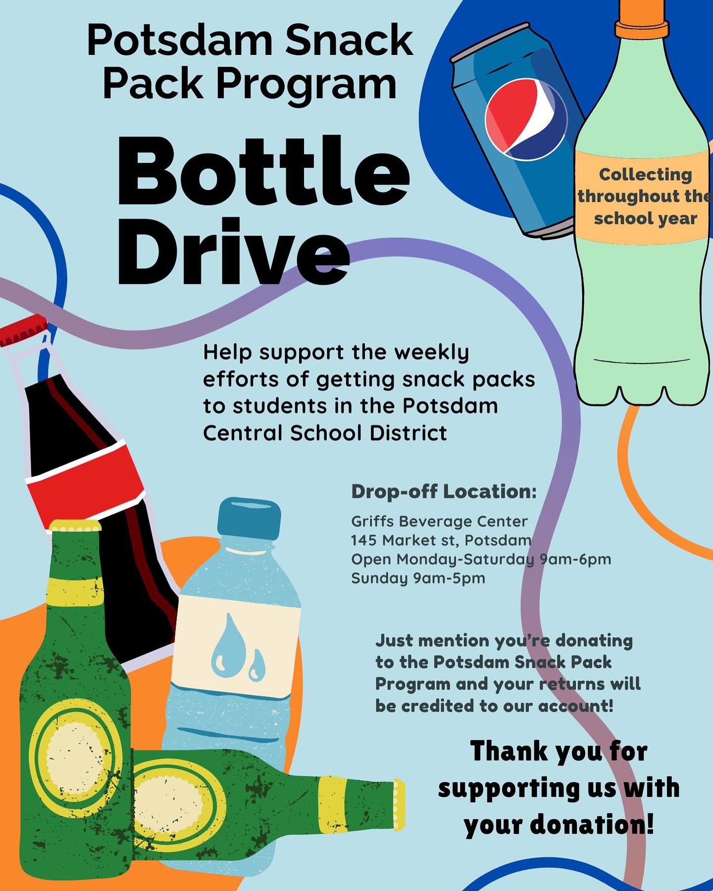 New and EASY way to help the Potsdam Snack Pack Program! Drop your cans and bottles off at @griffs_beverage_potsdam, mention it’s for Potsdam Snack Pack, and they’ll credit your redemption to our account! Every nickel helps with our goal of aiding childhood hunger here in Potsdam.
Big thank you to @tke_clarkson for jumping in to help us with a weekly bottle donation pickup! You guys are awesome and we really appreciate your willingness to serve the community 👏
#bottledrive #bottles #fundraising #fundraiser #donate #volunteer #snackpack #backpack #backtoschool #foodinsecurity #endhunger #childhoodhunger