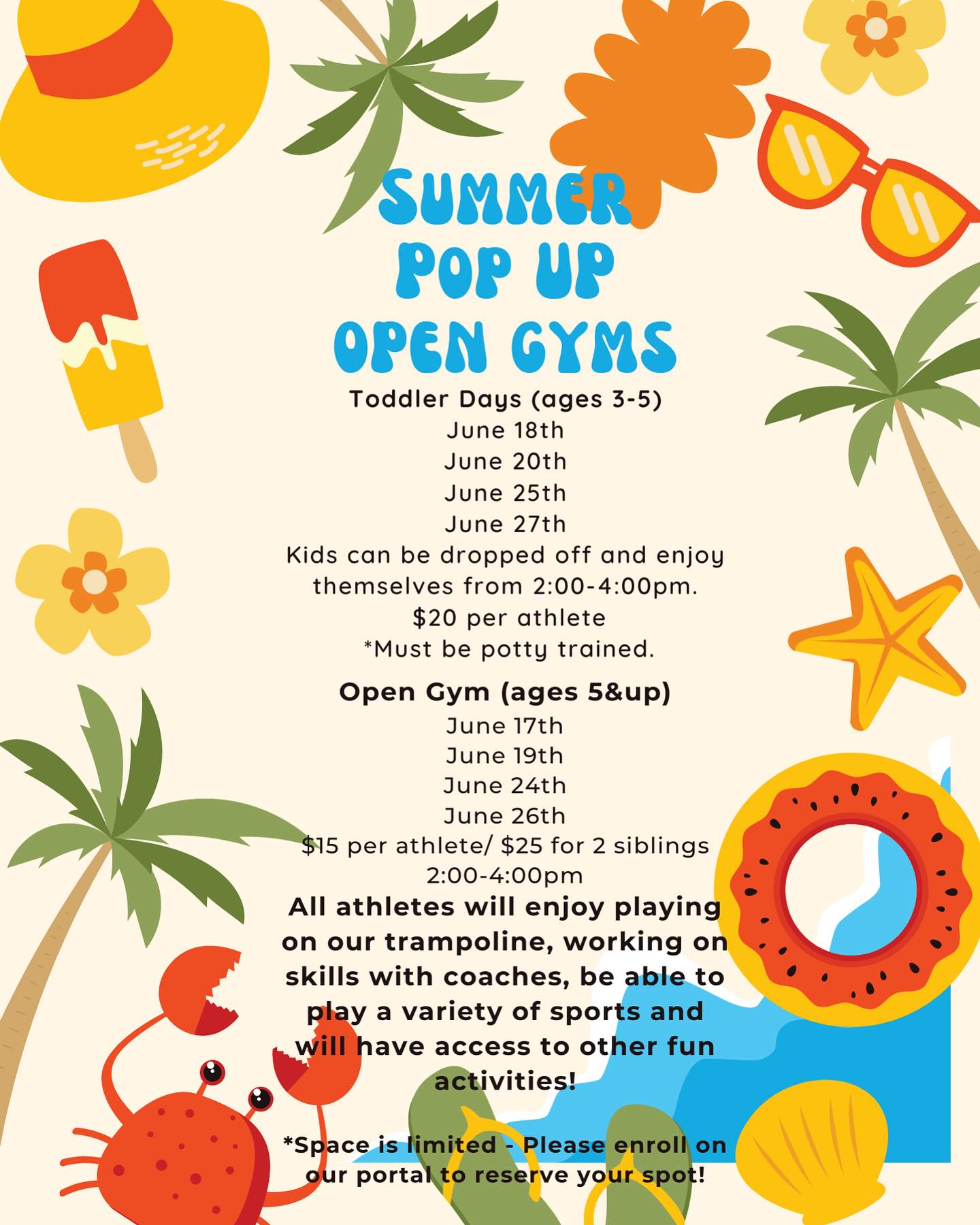 In addition to our Friday night open gyms, we are adding pop-up open gyms this summer for all ages, including toddlers led by our preschool staff. Contact us for more info!