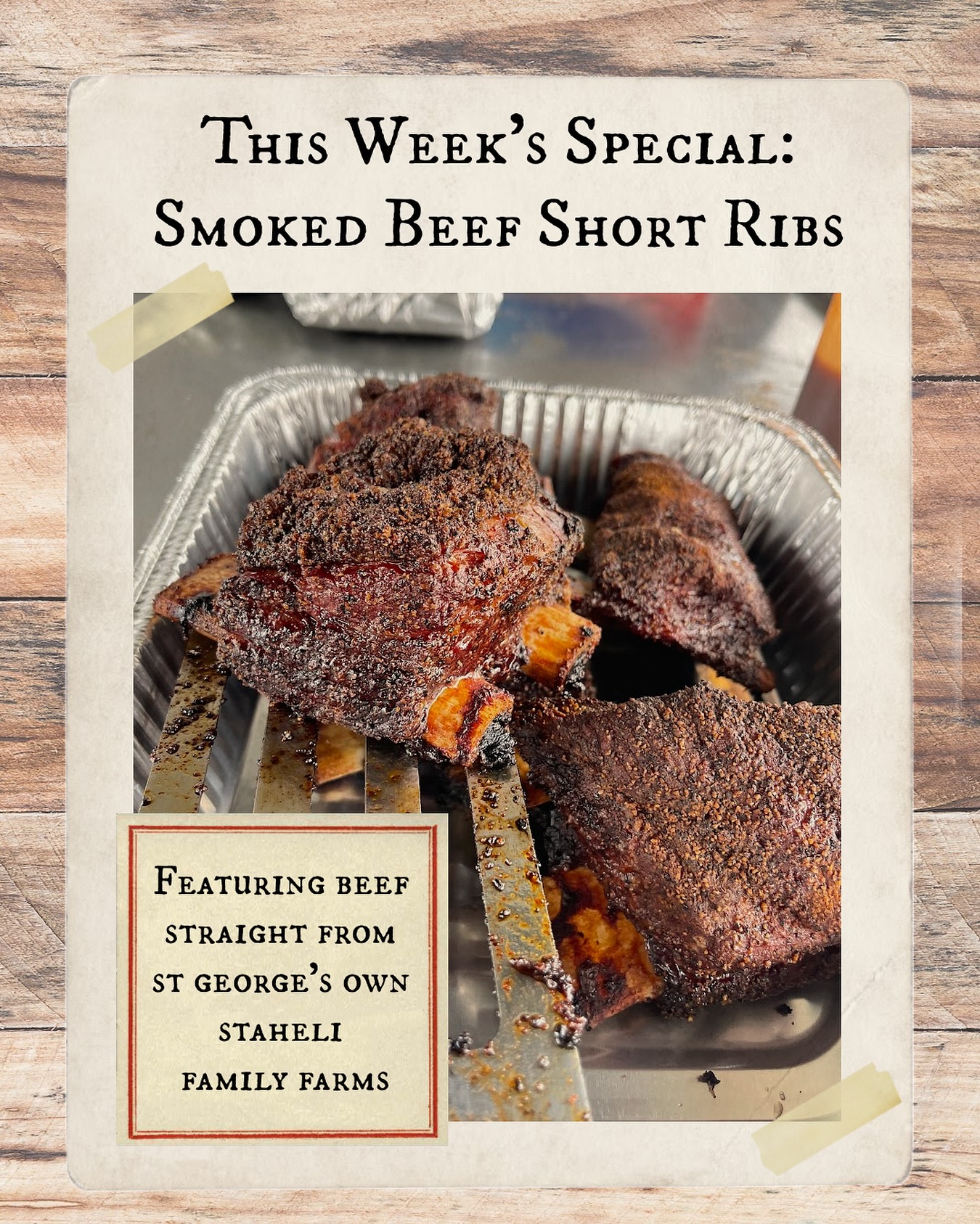 Try our smoked Beef Short Ribs using fresh, local beef from Staheli Family Farms! Slow cooked with simple seasonings, this classic is sure to satisfy. You can find us this Friday, August 23rd at Whammer’s Sinclair from 11am-7pm! 🍖
#bbq #barbecue #freshfood #local #localbusiness #shoplocal #stgeorge #stgeorgeutah #stgeorgefoodtrucks #catering #localfood #byjoe