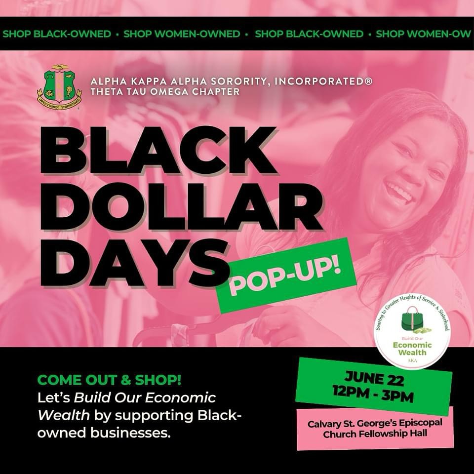Wear Pink ๐ฉท Spend Green ๐ Buy Black ๐ค
๐๏ธ Date: June 22
๐ Time: 12pm - 3pm
๐ Location: Calvary St. Georgeโs Episcopal Church Fellowship Hall | 755 Clinton Ave, Bridgeport, CT
Letโs come together and support Black-owned and women-owned businesses! Join Alpha Kappa Alpha Sorority, Incorporatedยฎ Theta Tau Omega Chapter for this Black Dollar Days Pop-Up on June 22!
Together, we can support Black-owned businesses and build our economic wealth in our local community. Shop specialty items from delicious eats, beauty products, education solutions, custom attire, and more. Plus, enjoy a FREE tote bag with swag from local vendors (while supplies last) ๐๏ธ
Donโt miss this chance to make a difference while enjoying great products and connecting with amazing entrepreneurs. See you there!
#AKA1908 #AKABlackDollarDays #AKAPinkFridays #BlackDollarDays #BuildOurEconomicWealth #SoaringWithAKA
#SupportBlackBusinesses #WomenOwned #CommunityWealth #ShopLocal