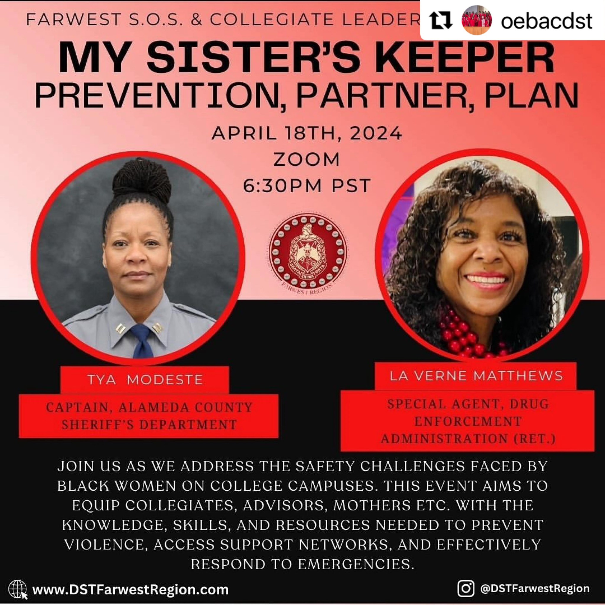 A Sista’s Touch is proud to celebrate our Board member, Captain Modeste on her leadership in discussing campus safety prevention, including Gender-based violence and human trafficking, with the members of the Farwest Region of Delta Sigma Theta Sorority, Inc. #AST #Stop Human Trafficking #EndExploitation #BlackLivesMatter #ValueBlackWomenandGirls #Repost @oebacdst with @use.repost
・・・
dstfarwestrr Sorors, please join us next Thursday at 6:30 PM PST via zoom as we talk about the safety of black women and girls on college campuses and in our communities. We have two phenomenal presenters, Soror Modeste and Soror Mathews, who will facilitate an open discussion as we tackle sexual violence, human trafficking and more.
This event is dedicated to our collegiates, Mothers, Advisors, and each of you.