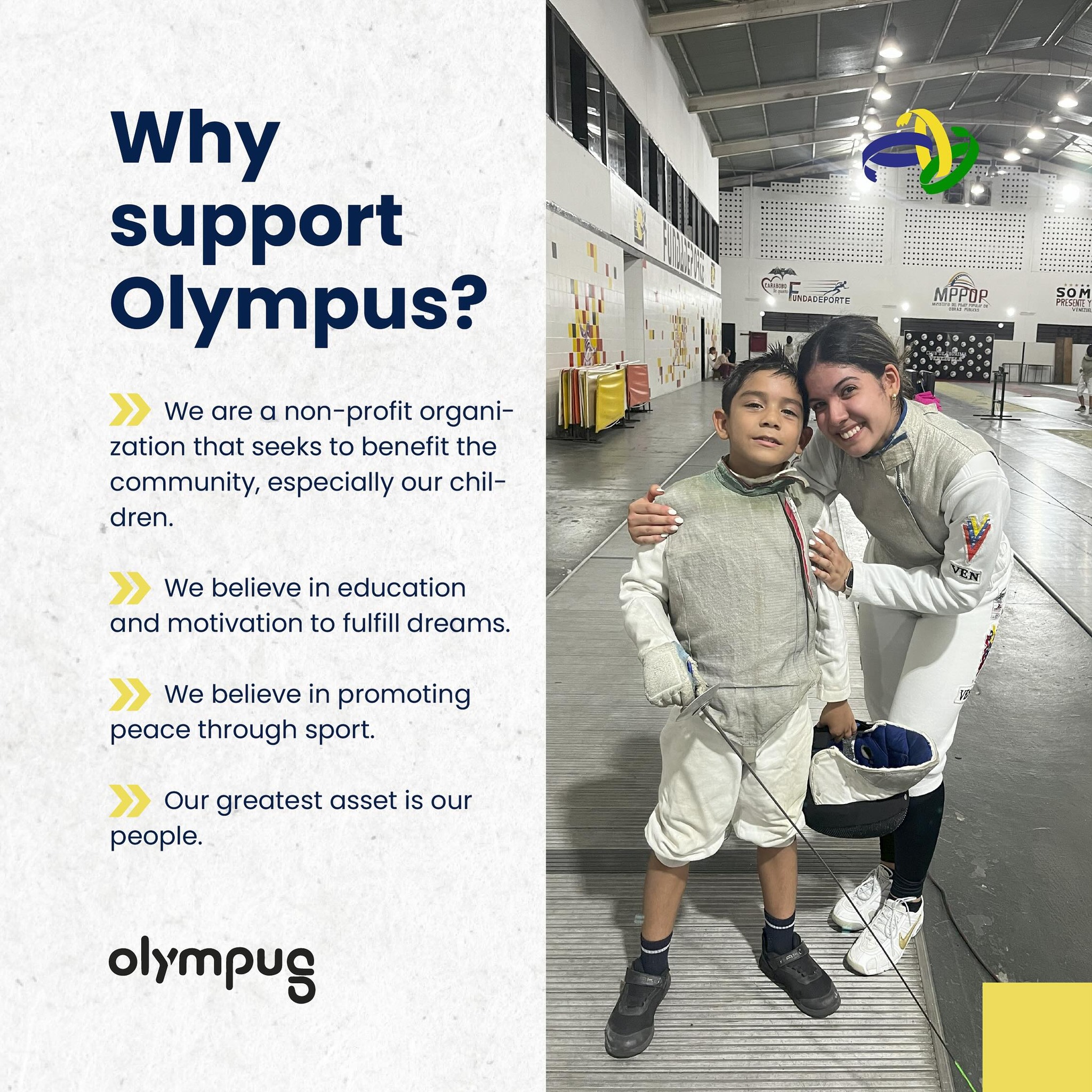Join our cause! We are a non-profit organization committed to the well-being of our community, especially our children, who face incredible challenges to become athletes.🌎📚
We believe in education and motivation to achieve dreams, providing opportunities in multiple fields and fostering their growth. 🤺🤺
In addition, we promote peace through sports and teamwork, teaching social and life skills.
Start donating today and make a difference in the lives of our children!
#engagementfound #engagementfoundation #Olympus #OlympusProgram
