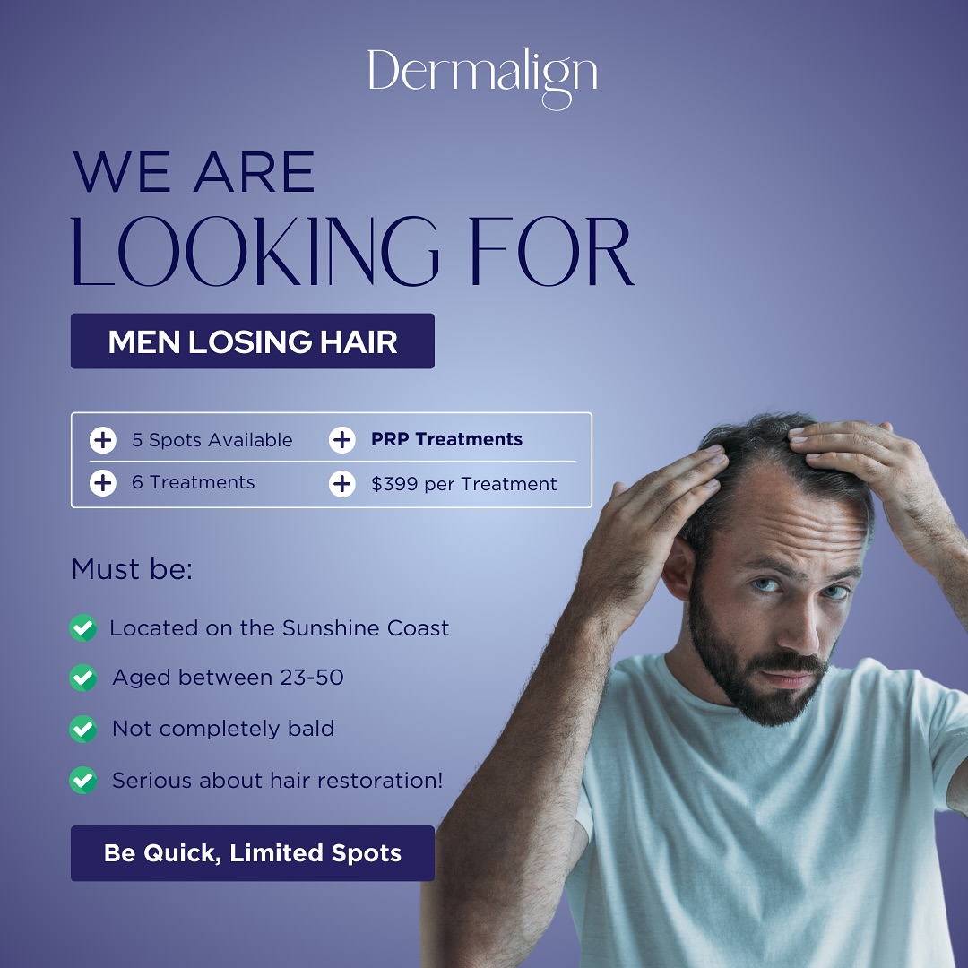 Calling 5 men losing hair on the Sunshine Coast!
Only 5 spots available!!! PRP treatment is great for natural growth stimulation, minimally invasive and enhances thickness and densityπ
Platelet-Rich plasma is a medical treatment that involves using a concentration of platelets from your own blood to promote hair growth.