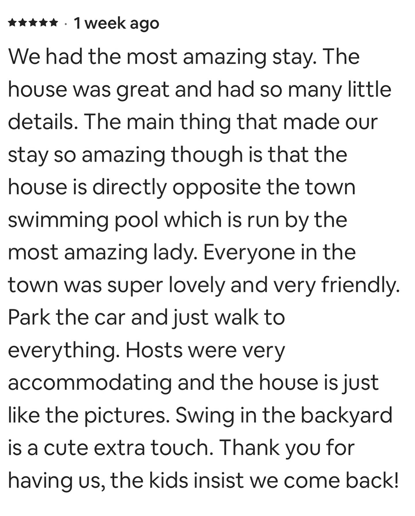 We love hearing back from our guests. We are so lucky to be situated across the road from the Coolamon Memorial Pool and a part of this incredible community 💚💚