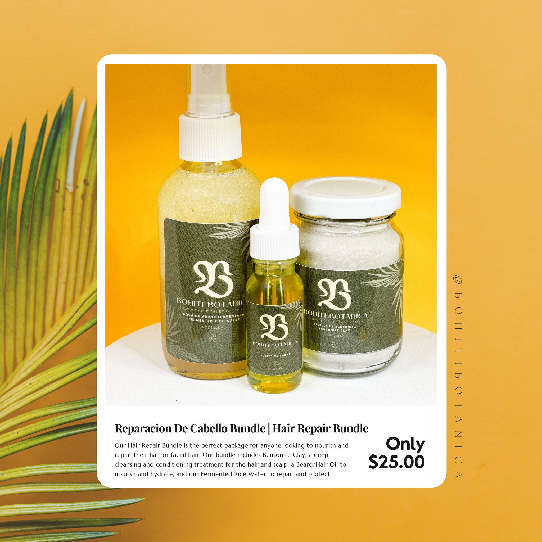🌿 Introducing our Updated Hair Repair Bundle 🌿
We’re thrilled to announce that our Hair Repair Bundle now includes our beloved Fermented Rice Water Spray! Known for its remarkable benefits, fermented rice water is rich in amino acids, vitamins, and minerals that help restore strength and shine to your hair. It aids in detangling, smoothing hair texture, and promoting healthy growth. Experience the transformation with our enhanced bundle designed to nurture and revitalize your hair.
——————
¡Estamos encantados de anunciar que nuestro Paquete de Reparación Capilar ahora incluye nuestro querido Spray de Agua de Arroz Fermentado! Conocido por sus notables beneficios, el agua de arroz fermentado es rica en aminoácidos, vitaminas y minerales que ayudan a restaurar la fuerza y el brillo del cabello. Ayuda a desenredar, suavizar la textura del cabello y promover un crecimiento saludable. Experimenta la transformación con nuestro paquete mejorado, diseñado para nutrir y revitalizar tu cabello.
#BohitiBotanica #HairCare #NaturalBeauty #FermentedRiceWater