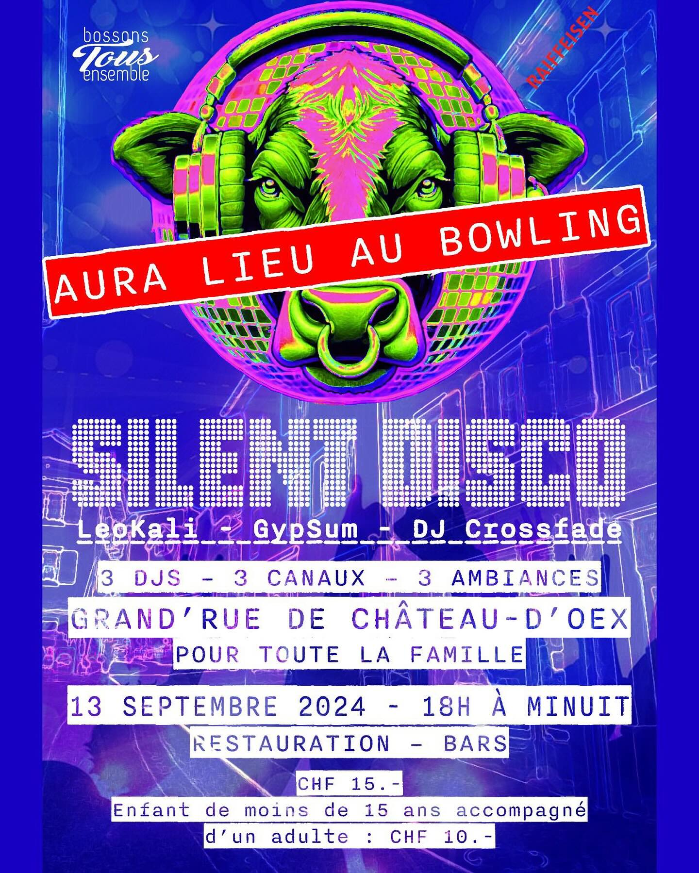 🪩📢⚠️SILENT DISCO DÉPLACÉE AU BOWLING⚠️📢🪩
Au vu de la météo annoncée, nous avons pris la décision de faire la Silent Disco au @bowling_du_parc 🥳🕺🏻💃
On vous attend nombreux dès 18h pour se trémousser sur les sons de nos 3 DJs 🪩👯♂️💃
Bien évidemment bar et snack/restauration sur place 👍
On a hâte !!!
À vendredi 👋
#silentdisco #pourtoutelafamille #paysdenhaut #chateaudoex #bowling #3djs #cavaswinger