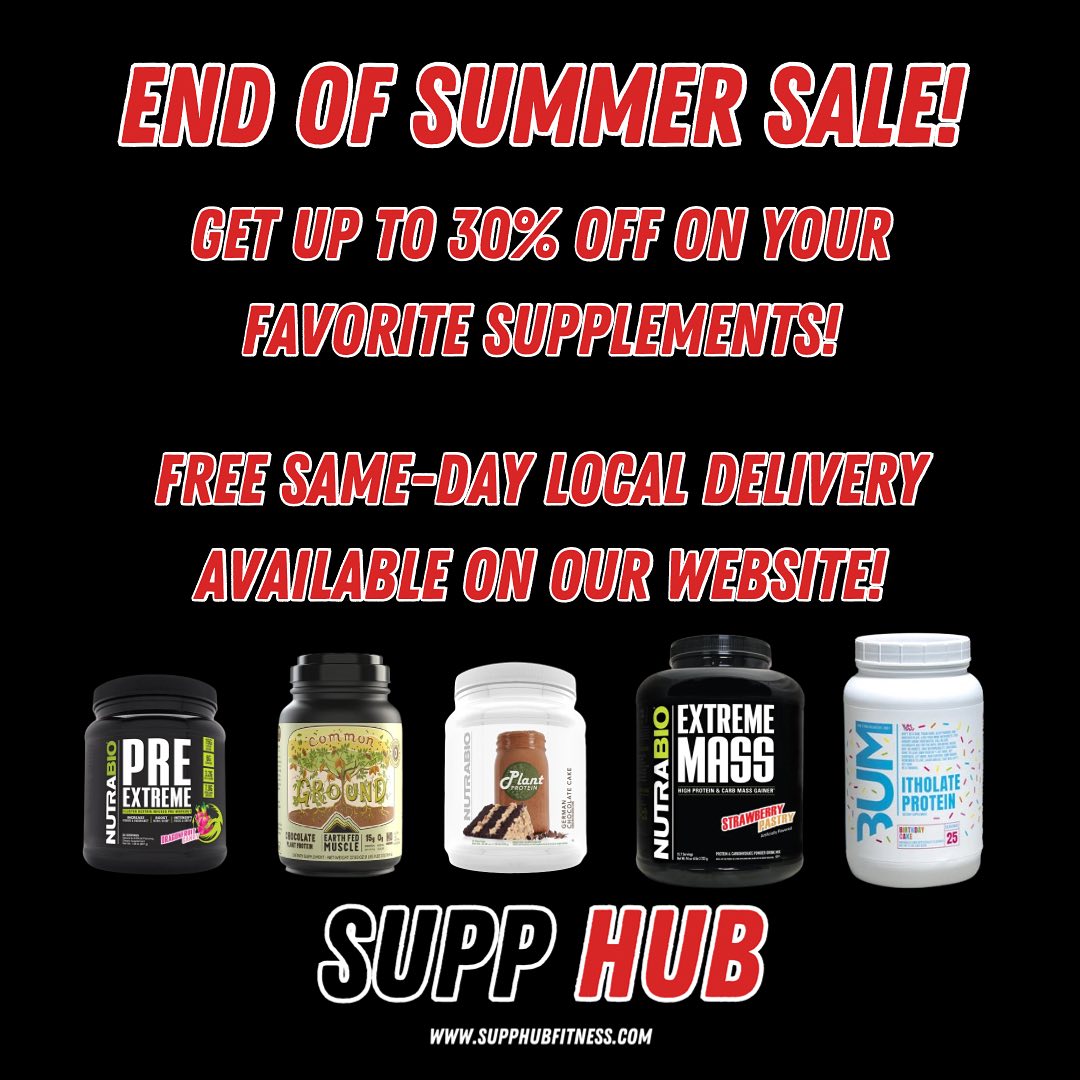 Get up to 30% off on your favorite products at Supp Hub for a limited time!
20% off all vegan/plant protein & CBUM whey iso
25% off Alpha Lion sport & NutraBio Pre Extreme
30% off NutraBio Extreme Mass Gainer
FREE same-day local delivery available at checkout on our website!