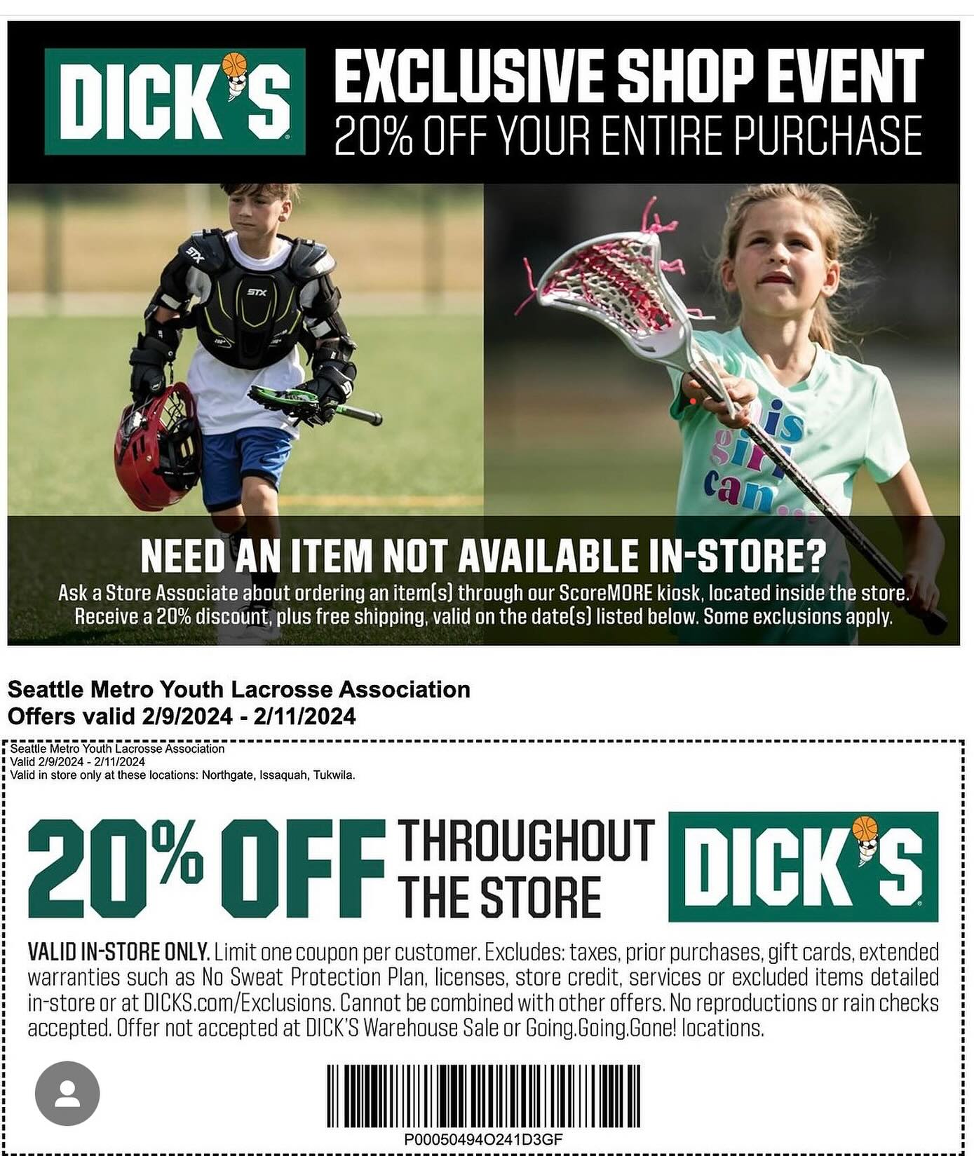 Gear up for the spring season! Use this coupon for 20% OFF your entire purchase, Friday, 2/9 thru Sunday, 2/11. Valid at 3 Northgate, SouthCenter, and Issaquah. π₯