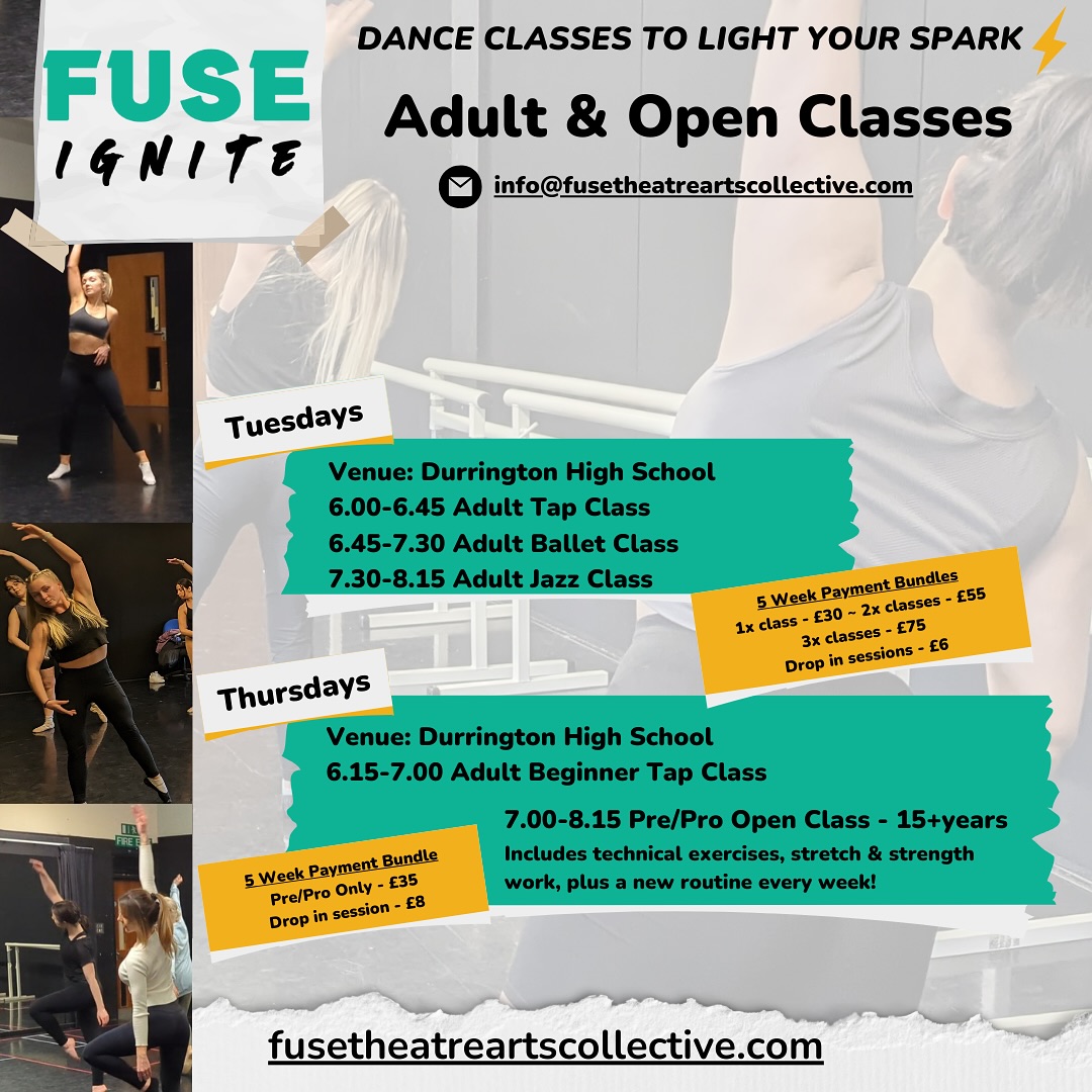 🌟TUESDAY 2ND JANUARY 2024🌟
FUSE Ignite: Adult & Open Classes🚨FREE TRIAL LESSON🚨 Book now via our website or email us for more details 💚
💻www.fusetheatreartscollective.com
📧info@fusetheatreartscollective.com
DANCE CLASSES TO LIGHT YOUR SPARK⚡️
#fusetheatreartscollective #fuse #theatre #arts #dance #performingarts #adultclasses #preproclasses #danceclass #modern #tap #ballet #jazz #singing #workshops #worthing #westsussex