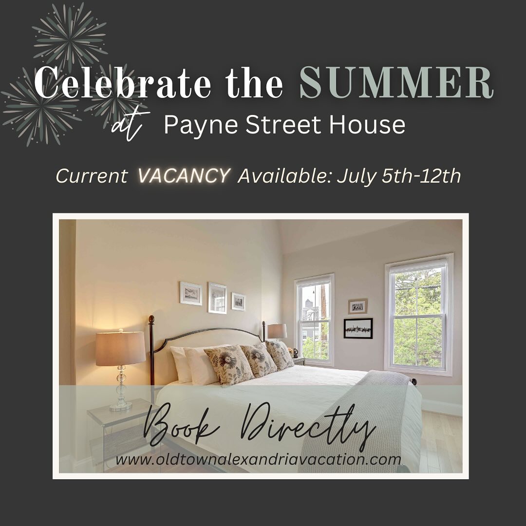 If you’re looking for summer getaway, look no further!
Old Town Alexandria is the perfect place to visit this summer. Whether alone, for a girls trip, or hanging with the family, you will LOVE our location at Payne Street House!
To save money, book directly on our website. Link in Bio 🔗
#summergetaway #summervibes #summervacay #summervacation #oldtownalexandria #vistalexandriava #dctrip #visitalexva