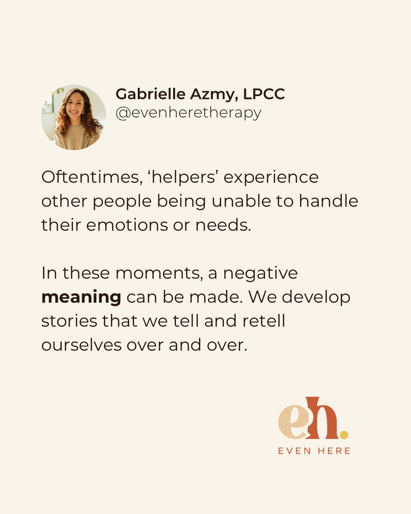 Everything has a function, or a reason why it exists in the way it does. For helpers, it’s usually easier to help other people navigate their experiences than to do it for themselves and this happen for several different reasons.
Instagram is not a substitute for therapy — please see the disclaimer in my highlights 💛
Inquire about therapy at:
evenheretherapy.com