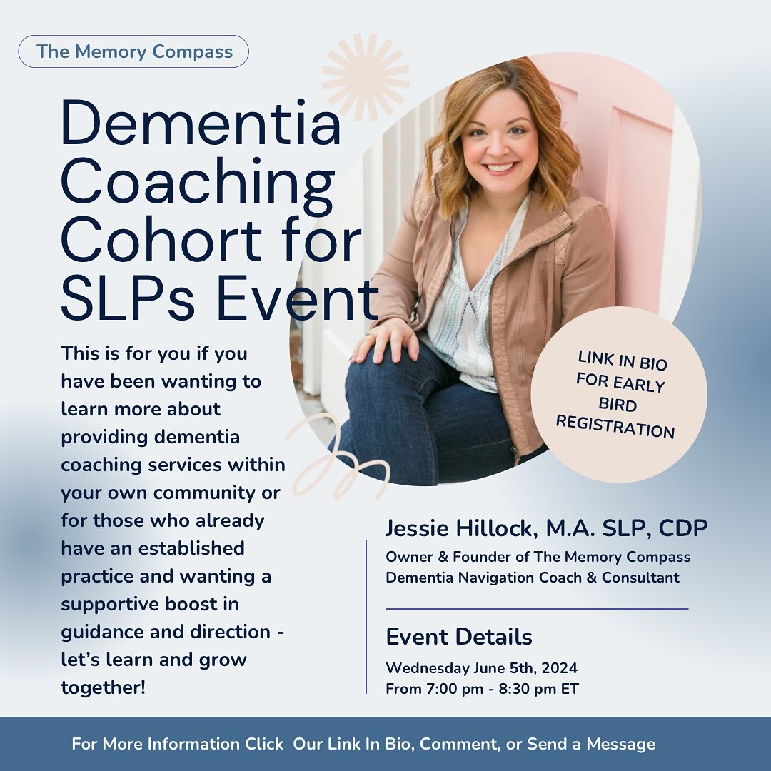 📣 Mark your calendar for my 3rd Dementia Coaching Cohort for SLPs Event🎉
📣If you have been daydreaming about how to start a coaching or consulting business of your own or if you already offer dementia coaching and are looking to amplify your service then this cohort is for you!
📣 I frequently receive messages from other therapist who stumble across my business and tell me they dream of starting something similar. I was you 5 years ago and desperately searched for guidance quickly learning I would have to forge my own way.
📣 I often receive messages from SLPs wanting to pick my brain. This event will be the time to do just that with a group of other like minded SLPs. I wanted to offer this around my birthday but Maycember is way too hectic so June it is!
🗓️ Details: Wednesday June 5th, 7:00-8:30 ET
💲Cost: $97 - Save $15 with code “BIRTHDAY” from now until May 24th
🎁 There will be access to a replay. Those in attendance will also receive additional special perks 🎉
🗓️ Click the link in bio to register or comment below and I will send you the link to your DMs