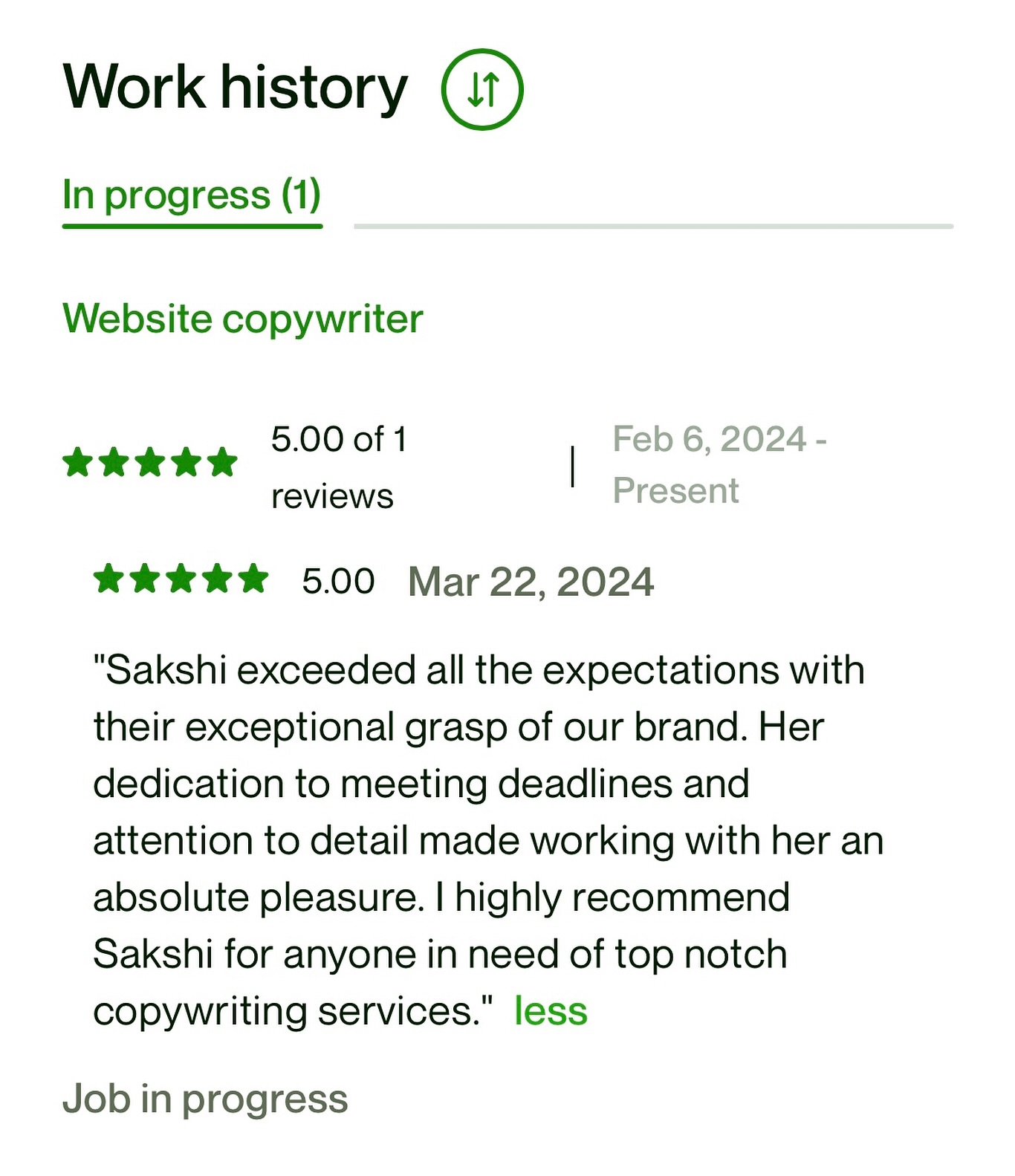 My first Upwork client testimonial! ✍️
We all know that being in the freelancing industry means having a presence on platforms like Upwork. For the past 2 years, I had been hesitant to sign up for Upwork because there were so many other content writers with years of experience and tons of great reviews. It made me wonder: Why would any client pick me?
However, in January this year, I found myself with a little more free time due to less load from my existing clients. I decided to give this platform a chance. It wasn’t easy at first. I spent hours scrolling through projects, applying left and right, only to hear nothing. But finally, in February, I landed my first gig!
Here we are now a month later: My first Upwork review from the client.
Has this motivated me to become more active on this platform? Definitely!
Will I continue applying for more projects, despite rejections? You can count on it!
Have you used Upwork as a freelancer? Let me know about your experience in the comments below.
#upwork #freelancewriters #freelancingtips #freelancetips #freelance #freelancer #freelancing #upworkfreelancer #upworktips #upworksuccess #freelancelife #contentwriting #contentwriter #nepal #nepalfreelancer #sakshireports