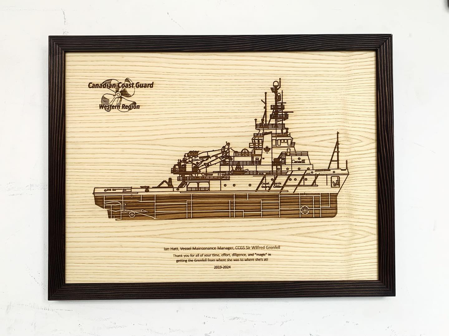 Never a dull moment in the shop when I get such cool requests like this! The project was to design a plaque that incorporated the SW Grenfell Vessell to thank a long term employee