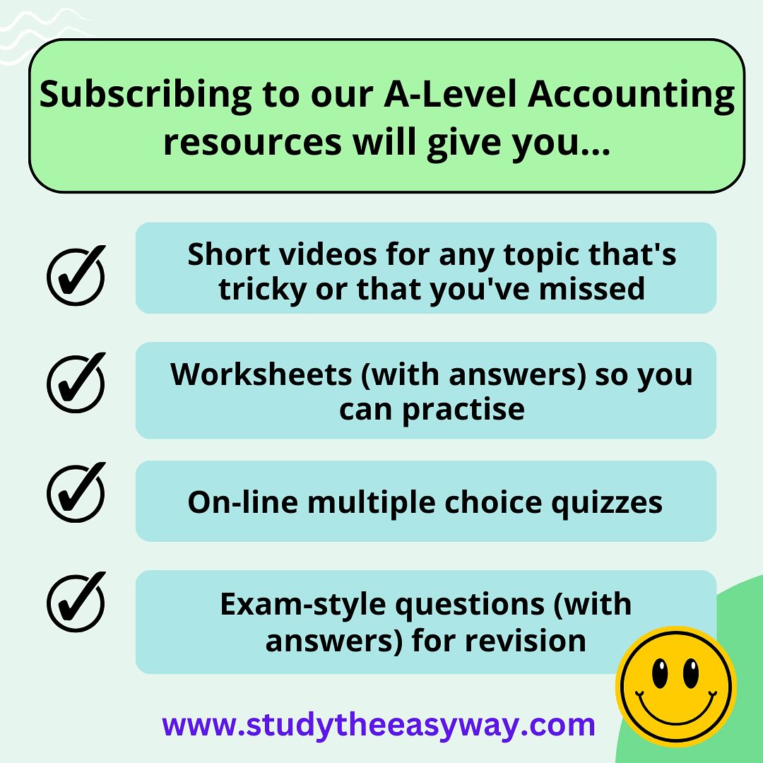 Studying A-Levels is very different to GCSEs! You may feel you need some extra help in addition to the classroom time you get with your teacher. We’re here to support you through your A Level Accounting studies! Visit our website, www.studytheeasyway.com, to find out more about how a subscription to our resources will help you to achieve the best possible results that you can. It’s never too early to start your subscription, with our amazing value “academic year” subscription plan. #alevelaccounting #alevels #alevels2025 #alevels2026 #alevelrevision #aqaaccounting