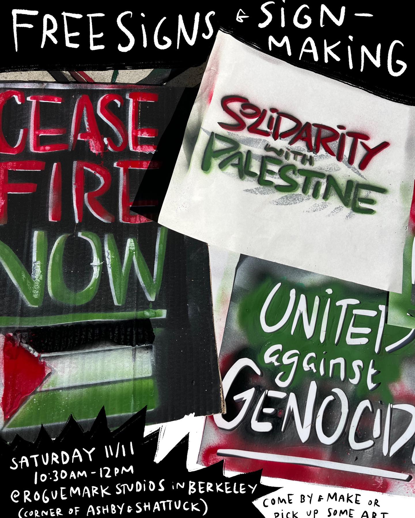Bay Area folks— Signs and sign making supplies will be out this Saturday 11/11 from 10:30-12pm at @roguemark_studios if you’d like to come by to pick up or make a sign with some other humans. No artistic skills necessary ❤️🖤🤍💚
Also lookin for more of the supplies below to be dropped off at the studio around 10/10:30am Saturday 🙏:
- black or white wall paint
- paint rollers
- black, green, red, white spray paint
- big, clean broken down cardboard boxes
Hope to see you there ❤️