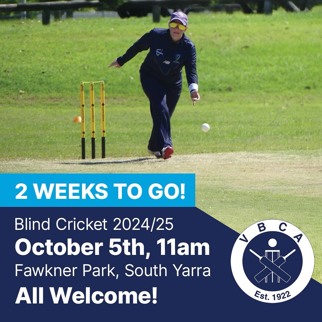 Under 2 weeks to go until we get our Blind Cricket season underway at Fawkner Park on Saturday 5th October from 11am.
.
For further details of the 2024 / 25 season, please check out the new VBCA website.
ALL WELCOME
.
To register, please go to PlayHQ - https://www.playhq.com/cricket-australia/register/3a98e6
.
📅 Saturday 5 October, 11AM
📍 Fawkner Park, South Yarra
📲 Register now through the link in our bio!
🛜 www.vbca.org.au
.
.
.
.
Image Description: Navy background with image of blind female cricket player wearing navy blue kit and wearing blockoout glasses is bowling the ball underarm. The text says 2 weeks to go in blue banner and underneath on navy background it says Blind Cricket 2024/25. October 5th, 11am. Fawkner Park, South Yarra. All Welcome. VBCA logo is in the bottom right hand cormer of the advert.
.
.
.
.
@cityofmelbourne @cricketvictoria
#blindcricket #disabilitysport #inclusion #inclusivesport #sport4all