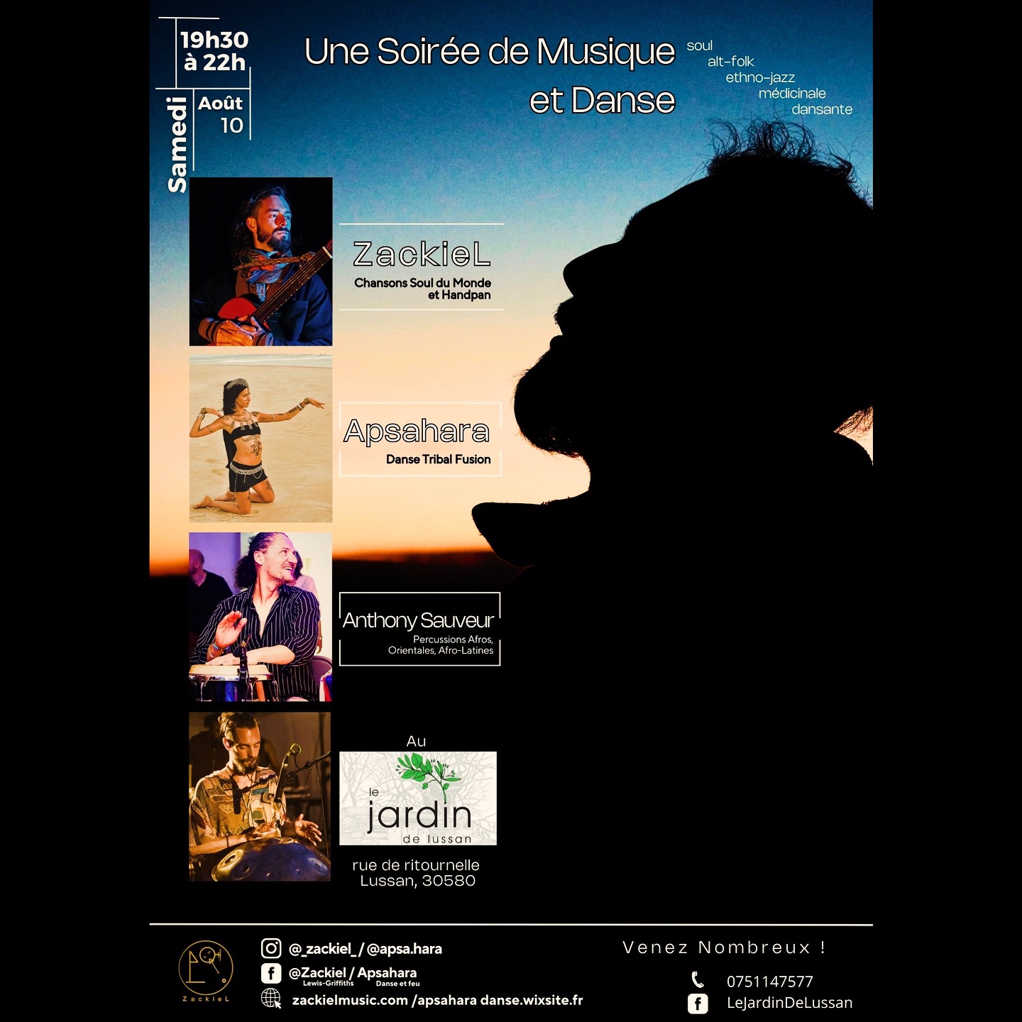 ZackieL et Apsahara - musique Soul du Monde et Danse Tribal Fusion ☀️🌄
On a hâte de vous présenter notre concert et spectacle ce samedi 10, à Le Jardin de Lussan @lejardindelussan à partir de 19h30.
N’hésitez pas à venir vous plonger dans notre monde rhythmique, mystique et envoûtant. 🌉🎶
Honoré d’avoir la présence du formidable musicien et ami Anthony Sauveur avec nous. Avec ses rythmes et forces de la percussion Afro, orientale et Afro-latine.
Pour plus des infos :
Zackiel - 0751147577
https://www.zackielmusic.com
Fb Zackiel Lewis-Griffiths
IG: @_zackiel_
Fb: Apsahara - Danse et feu
IG: @apsa.hara
https://www.apsaharadanse.wixsite.com
À très vite ! 🌞🥳