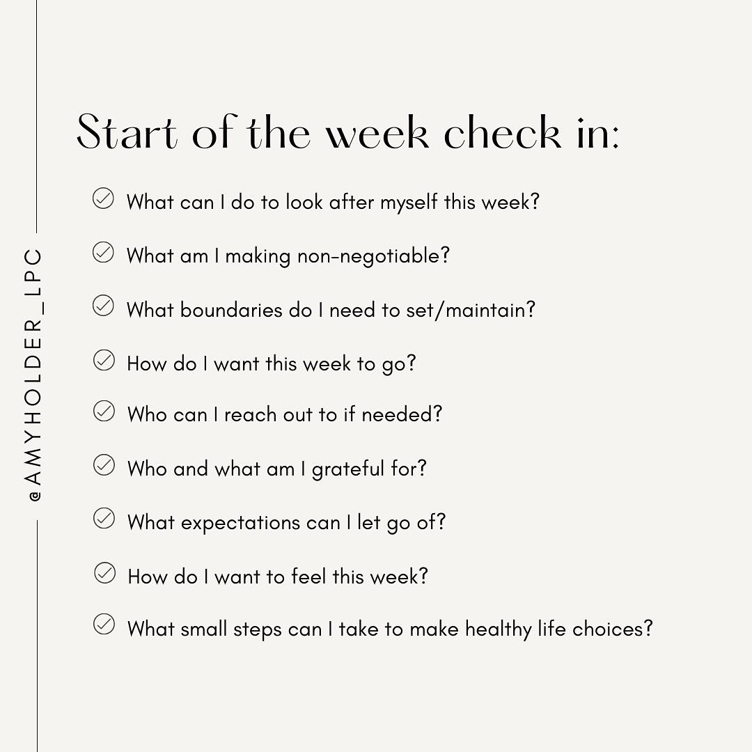 Let’s start the week off with setting some intentions. What intentions will you set?
•
•
•
•
#NewWeek #SetIntentions #MentalHealthRecovery #MentalHealth #SelfHelpTools #SelfHelpTips #Growing #Health #PersonalGrowth #Therapy #Teletherapy #TherapistOfInstagram #moderntherapymadison #amyholder_lpc
