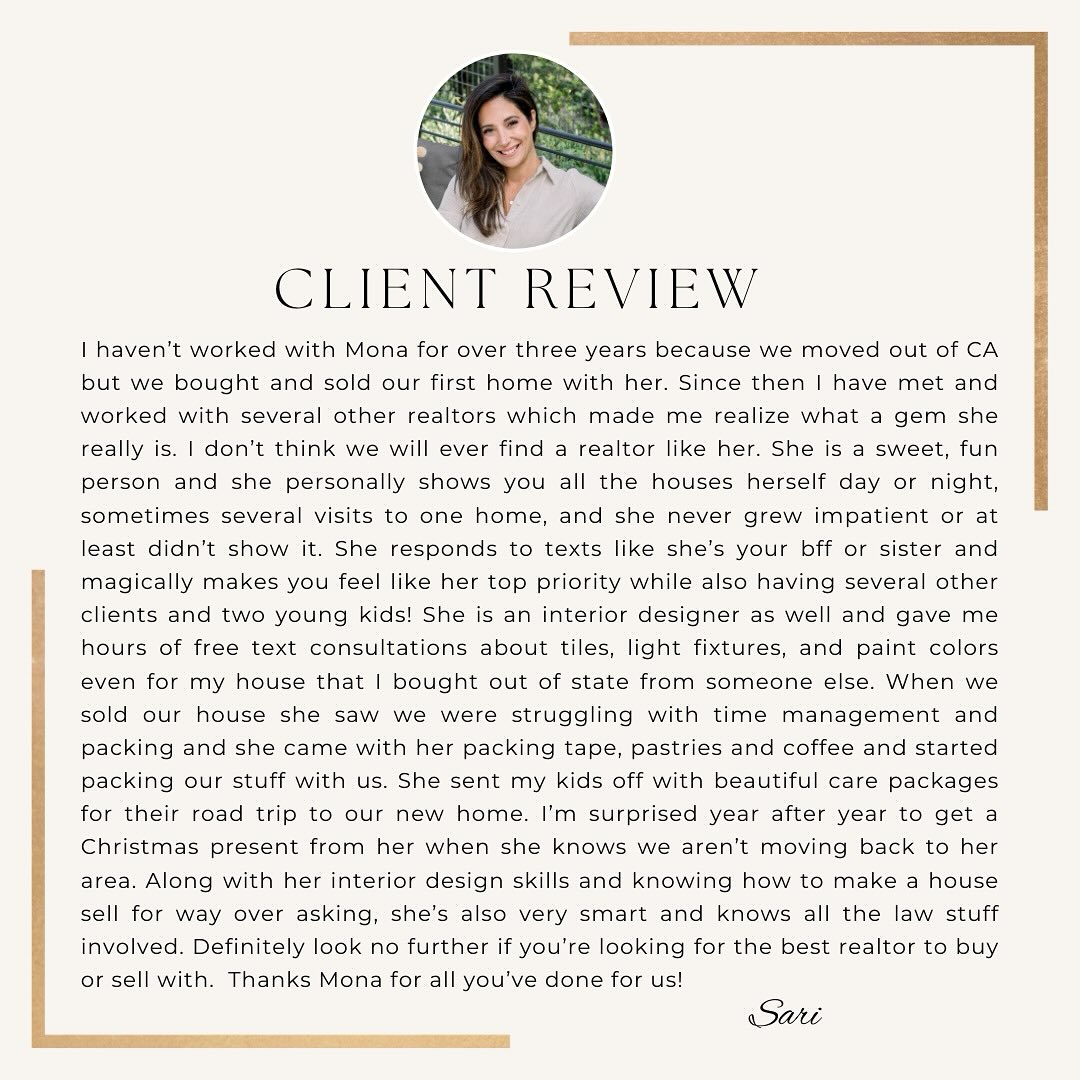 It was such a nice surprise getting this review from a client 3 years after helping them sell their home (and 6 years after helping them first buy it)! I truly love helping my clients and making the process of buying and selling as painless and enjoyable as possible! 🤍
Mona Rizzardi
Mona@monarizzardihomes.com
Monarizzardihomes.com
(415) 672-1020
DRE 01968834
#clientlove #testimonial #realestatepartner #abc #alwaysbeclosing #Interiordecorator #dooropener #dealcloser#Christiesrealestatesereno #eastbayrealestate #walnutcreekrealtor #walnutcreekrealestate #pleasanthillrealtor #lafayetterealtor #alamorealtor #orindarealtor#sanramonrealtor #danvillerealtor #monarizzardihomes