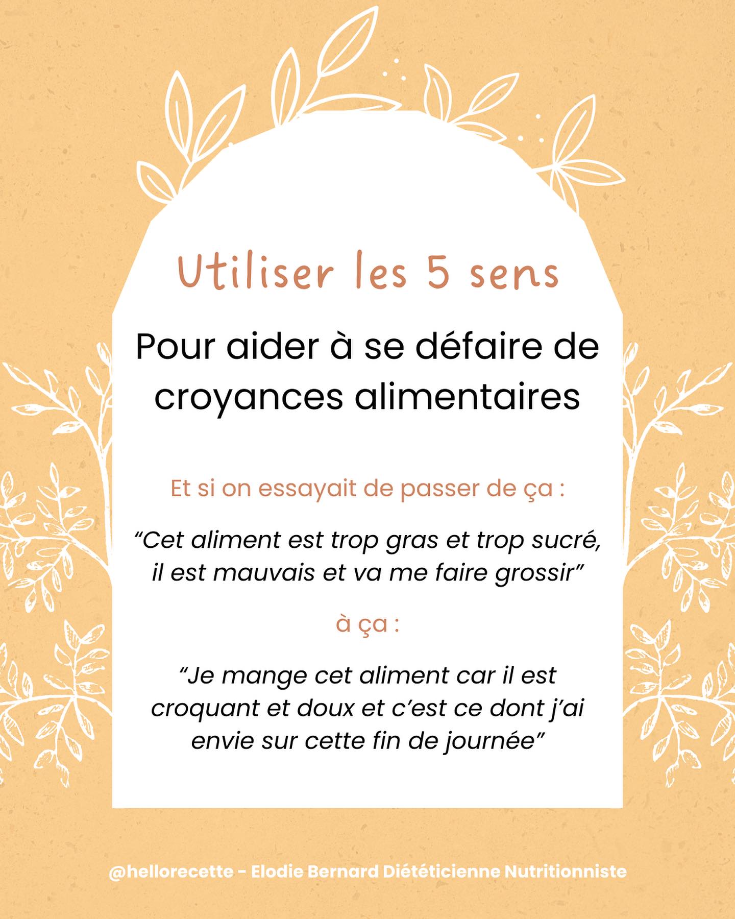 Les 5 sens
👂🏼👀👃🏼👄✋🏼
Il y a un outil que j’aime particulièrement utiliser en consultation et qui m’impressionne de par ce qui si passe, ce sont les séances dégustation.
Ces séances interviennent dans un contexte particulier et ont pour but d’observer d’une autre manière des aliments dont la consommation peut être compliqué (compulsion …)
Et lors de ces séances ont fait fonctionner de manière exacerber nos 5 sens.
Car il y a :
🧠-> les croyances et les messages que notre tête vient nous dire sur un aliment
ET
🫶🏻-> ce que cela procure à notre corps et à quel besoin cela vient répondre
Cependant si tu manges un aliment et que en même temps ta tête te dit « c’est pas bien » c’est mauvais » « tu va grossir » sans trop de bienveillance cela peut créer un sentiment de culpabilité et de frustration difficile et douloureux à vivre pendant et après la prise alimentaire (voir parfois même avant en anticipation)
Ces pensées viennent te déconnecter du moment présent, alors travailler sur les 5 sens peut aider à se reconnecter à ce moment présent et au fur et à mesure être un outil qui permet d’apaiser les pensées conflictuelles avec les aliments
🤍Alors on ne le répétera jamais assez mais il n’y a pas de bon ou de mauvais aliments !
•
🌾 Elodie Bernard Diététicienne Nutritionniste
✨ Consultation à Angers, Jallais et à distance
🌙 17 rue de Chantilly 49000 Angers
🍋 elodieb.diet@gmail.com
🌻 hellorecettediet.fr
☀️prise rdv Doctolib
•
#alimentation #dietetique #dietetiquecomportementale #5sens #comportementalimentaire #imagecorporelle #tca #nutrition #bienetre #alimentationbienveillante