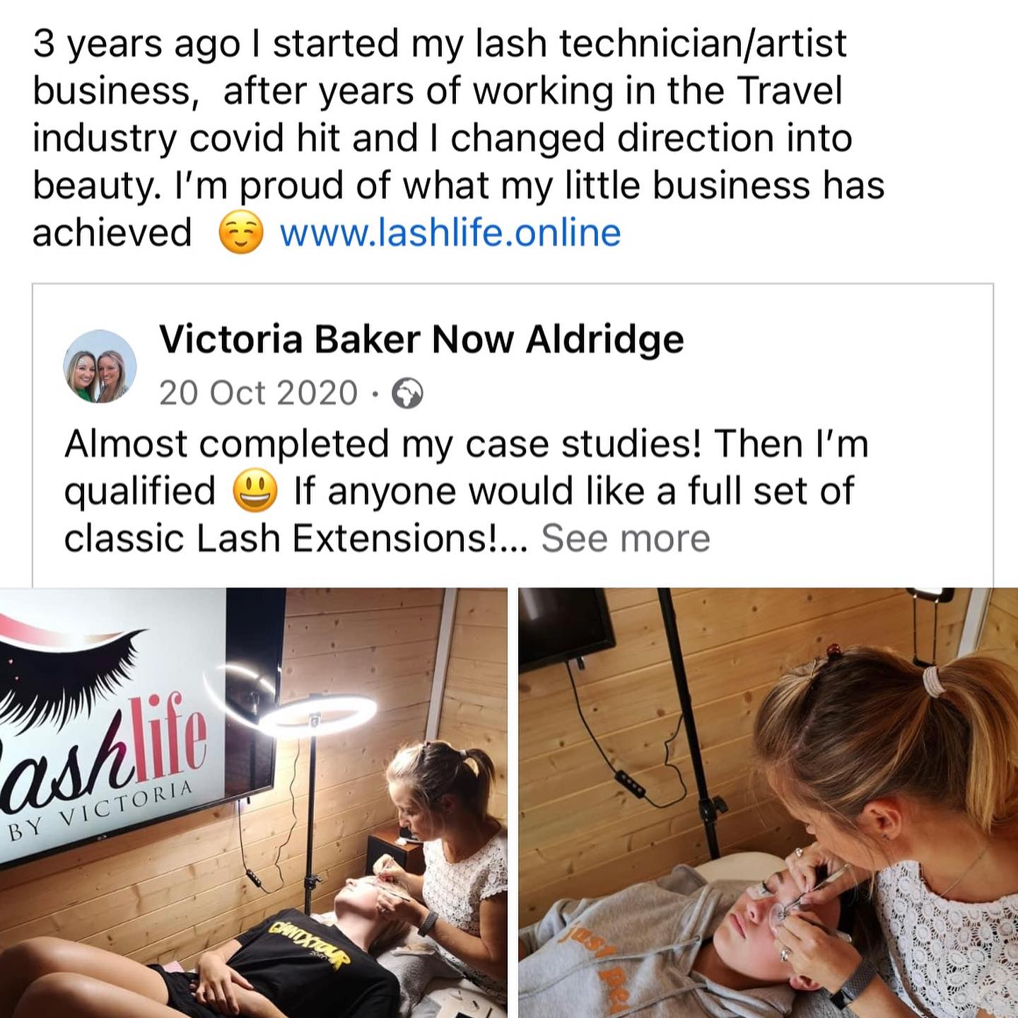 3 years ago I started my lash technician/artist business, after years of working in the Travel industry covid hit and I changed direction into beauty. I’m proud of what my little business has achieved ☺️ www.lashlife.online