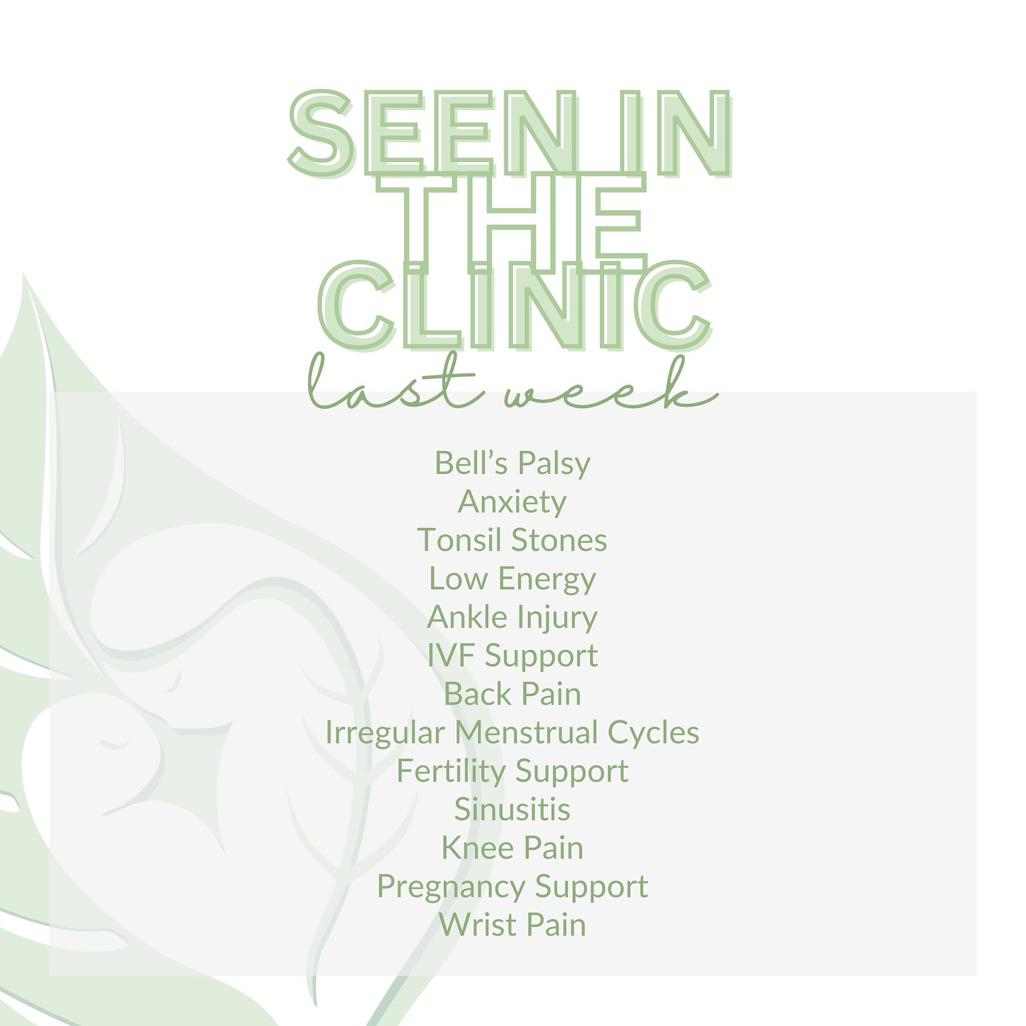 Through acupuncture and herbal medicine, we have a wide variety of points we can needle and assortment of herbs to formulate a customised treatment for you. This allows us to provide treatments for a wide variety of conditions in Chinese medicine!
These are some of the conditions we’ve seen in the clinic in the past week ✨
#seenintheclinic #acupuncture #chineseherbs #herbalmedicine #mentalhealthsupport #womenshealthmelbourne #naturalpainrelief