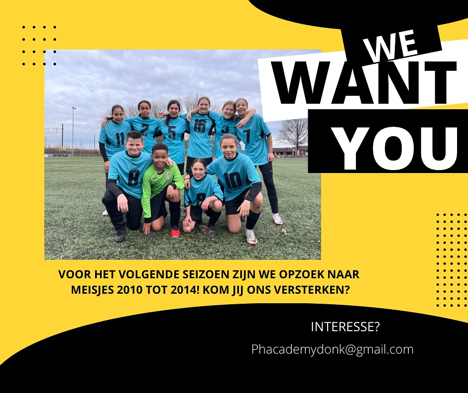 Na 2 succesvolle seizoenen van opstarten naar ons eerste competitie jaar gaan we actief opzoek naar nog meisjes die onze ploeg willen komen versterken met oog op het spelprincipe 11v11
Heb jij al langer zin om te voetballen?
Heb je al ervaring maar geen Meisjesploeg?
Ben jij van het jaartal 2010-2011-2012-2013 of 2014?
Meld je gerust aan en kom proeven van de meisjeswerking op KSK Ekeren Donk.
Mail: phacademydonk@gmail.com