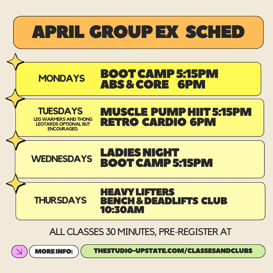 Come and get it!! New 30 minute classes and slightly later times. New schedule starts April 1, link in bio to pre register up to five days before so you can plan your week and prioritize your goals! No excuses now 💪🏻💪🏻💪🏻 Whether you want to have fun at retro cardio and just get moving, or lift heavy and learn powerlifting, or something in between like boot camp (with a special ladies-only night) or HIIT, there's something for everyone! And remember, these are open to non-members- pay as you register or grab a new class pack!
#lifting #gym #catskills #isweatupstate #flex #groupclasses #personaltraining #exercise