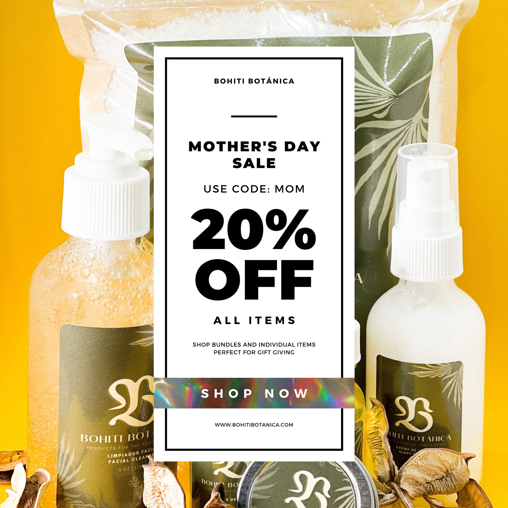 🌸 Celebrate Mom with the gift of natural beauty! 🌿 Bohiti Botanica is thrilled to announce our Mother’s Day Sale! 🎉
Get 20% OFF ALL products from our collection. Whether you’re shopping for skincare must-haves, soothing spa essentials, or fragrant delights, we have something special for every mom. 💖
👉 Use code: MOM at checkout to claim your discount.
Hurry, offer valid until Mother’s Day! Shop now and make this Mother’s Day unforgettable with a thoughtful gift from Bohiti Botanica. 🛍️
#BohitiBotanica #MothersDaySale #NaturalBeauty #GiftsForMom #SkincareLove