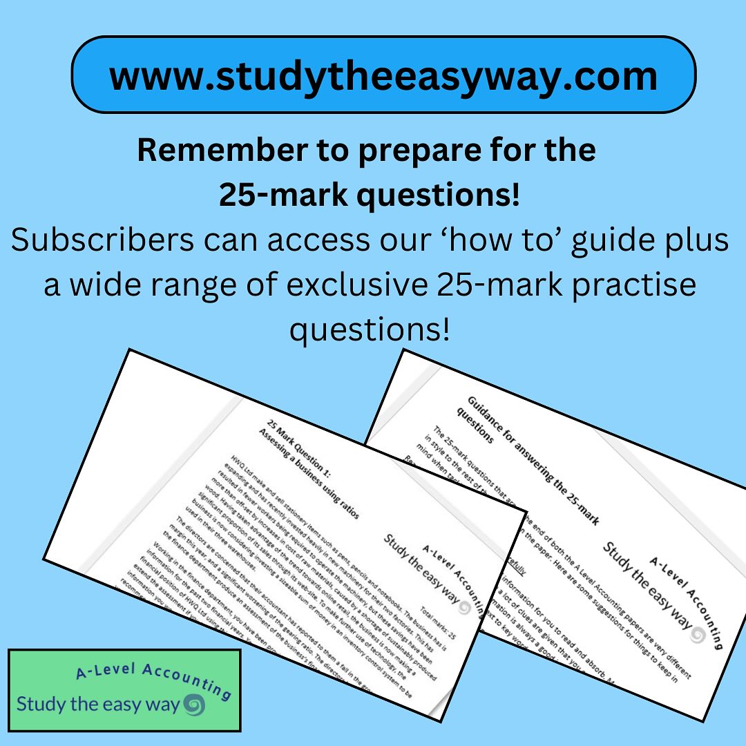 Please remember to prepare for the 25-mark questions. There are a lot of marks available for good answers to these questions so make sure you’re ready! Subscribers have access to a range of exclusive 25-mark questions available on our website www.studytheeasyway.com #alevelaccounting #alevels2024 #alevels2025 #alevels #aqaaccounting