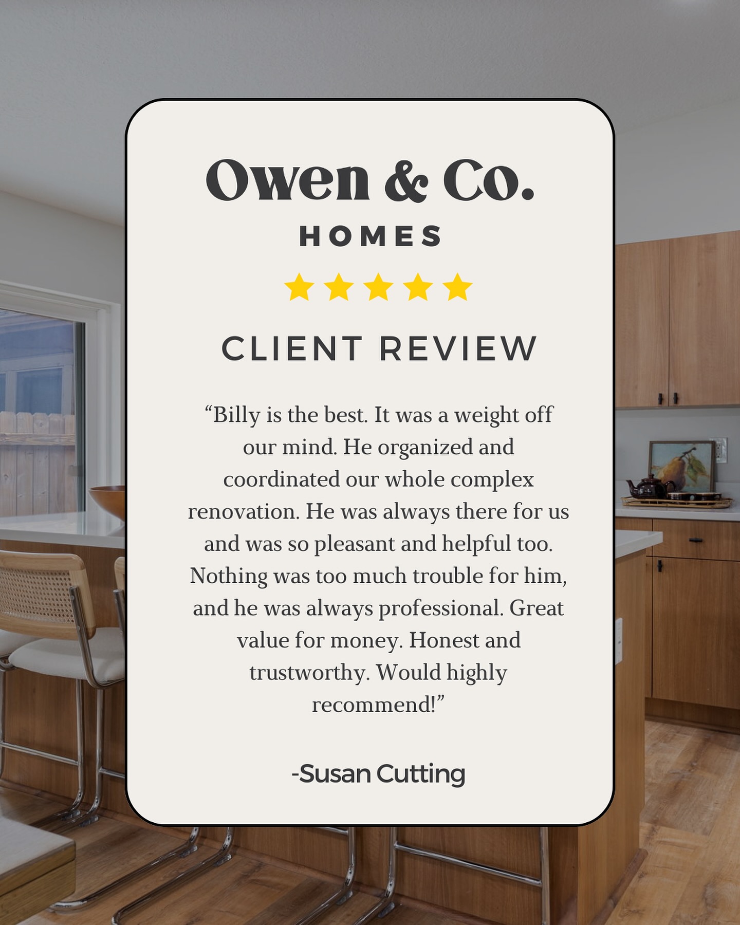 🏗️✨ Client Spotlight! ✨🏗️
We’re thrilled to share some love from one of our amazing clients! 🙌💬
Our team navigated a complex remodel while staying organized and on track. With our commitment to honesty and trustworthiness, we strive to provide unbeatable value every step of the way.
Thank you for trusting us with your vision! Ready to start your own project?
visit www.owenandcohomes.com to inquire today!
#ClientLove #TestimonialTuesday #TampaConstruction #remodelingexperts