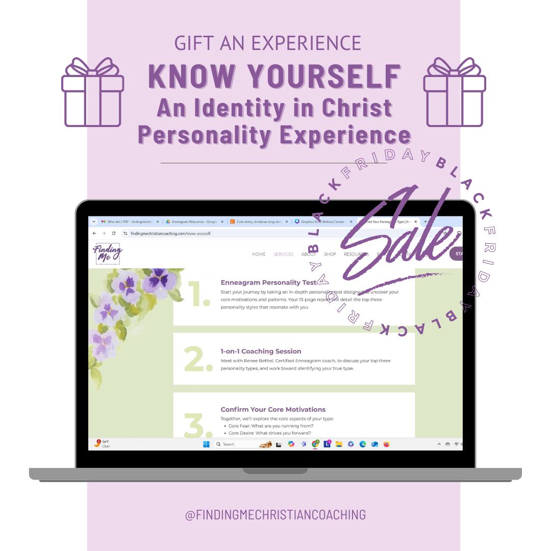 What's an EXPERIENCE GIFT?
It's a gift that engages you in a meaningful and memorable way. Something that brings connection and deepens relationships. Something that might even be transformational.
KNOW YOURSELF: AN IDENTITY IN CHRIST PERSONALITY EXPERIENCE is a
unique experience that combines personalized insights using the Enneagram personality tool, and coaching to help you:
💜 find your Enneagram personality type
💜 understand where you are constantly struggling
💜your personality perspective,
💜your triggers,
💜who you are as God’s very loved child
💜and more
This is a great gift for yourself (and the price is so AFFORDABLE) or you and your husband or buy one and give one as a gift.
Click the LINK IN BIO to see everything that’s included in this personality experience, as well as the special pricing available.
#findingme #innerwork #childofGod #identityinChrist #ephesians2v10
#Enneagramlifecoach #lifecoachforchristianwomen #growthminded #personalgrowth #takeaction #holisticwellness #doyourownwork #personalgrowth #Christmasgift #transformation #connection #relationships #Enneagram1 #Enneagram2 #Enneagram3 #Enneagram4 #Enneagram5 #Enneagram6 #Enneagram7 #Enneagram8 #Enneagram9 #Christianidentitycoach #Biblicaltruth #identity #Biblicalidentitycoach