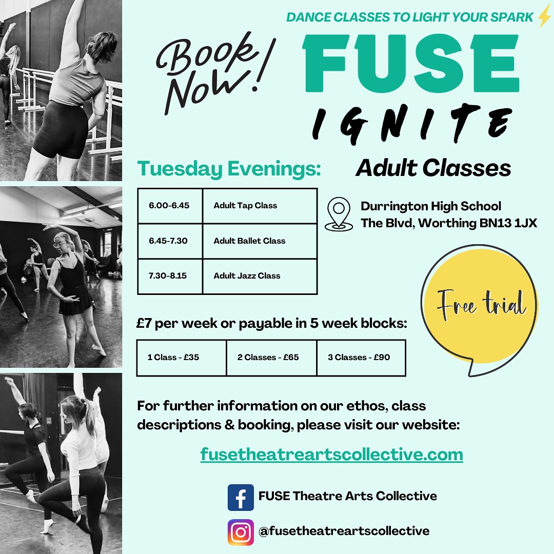 🌟FUSE Ignite: Adult Classes🌟TUESDAY 2ND SEPTEMBER 2024🌟
🚨FREE TRIAL LESSON🚨 Book now via our website or email us for more details 💚
💻www.fusetheatreartscollective.com
📧info@fusetheatreartscollective.com
DANCE CLASSES TO LIGHT YOUR SPARK⚡️
#fusetheatreartscollective #fuse #theatre #arts #dance #performingarts #adultclasses #preproclasses #danceclass #modern #tap #ballet #jazz #workshops #worthing #westsussex