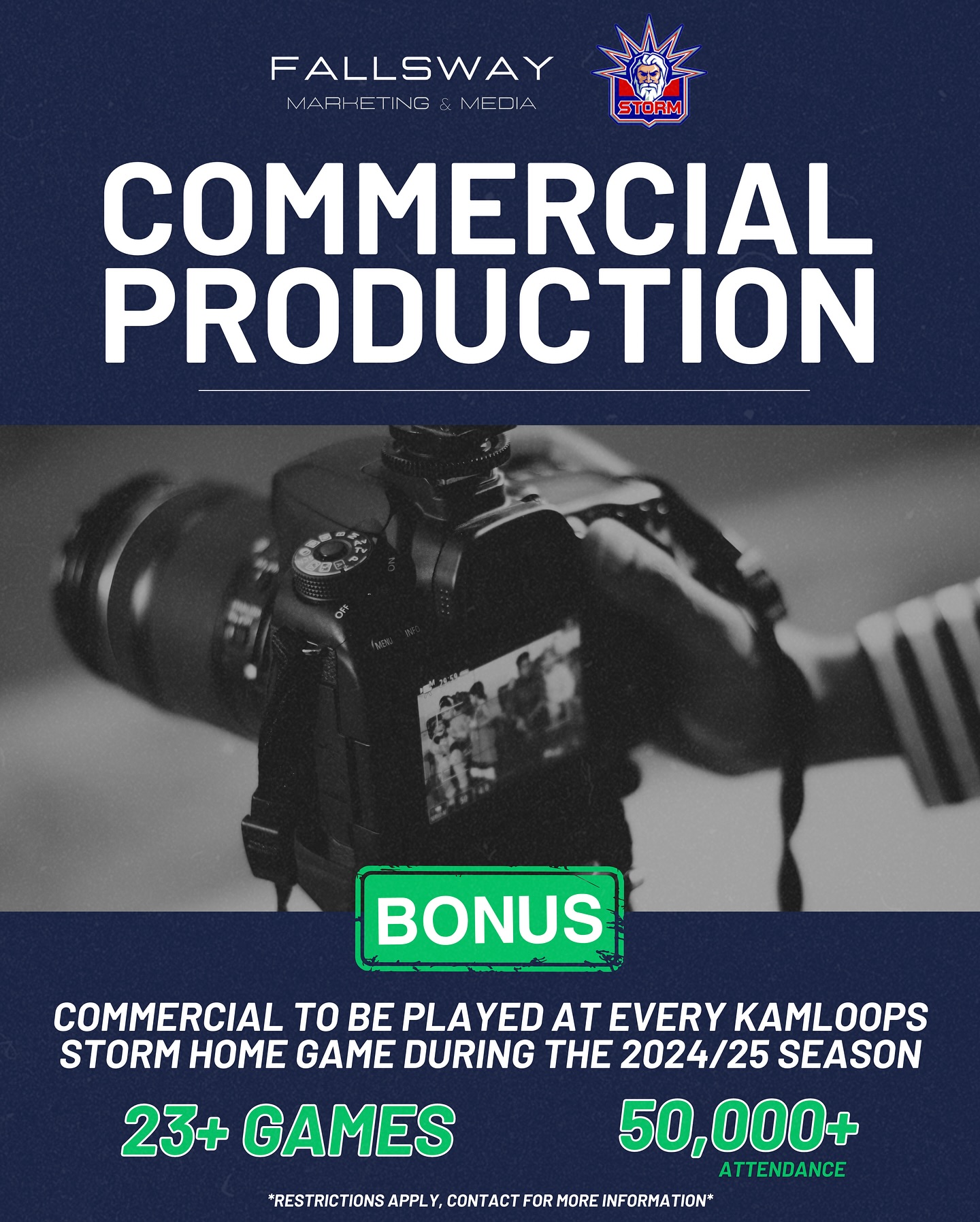 Looking for a commercial for your business? For a limited time if you buy a commercial package from Fallsway Marketing & Media it will be played at ALL Kamloops Storm home games through the 2024-25 KIJHL season!
ℹ️ Contact us for more information
#fallswaymarketing #kamloops #KamloopsStorm #marketing