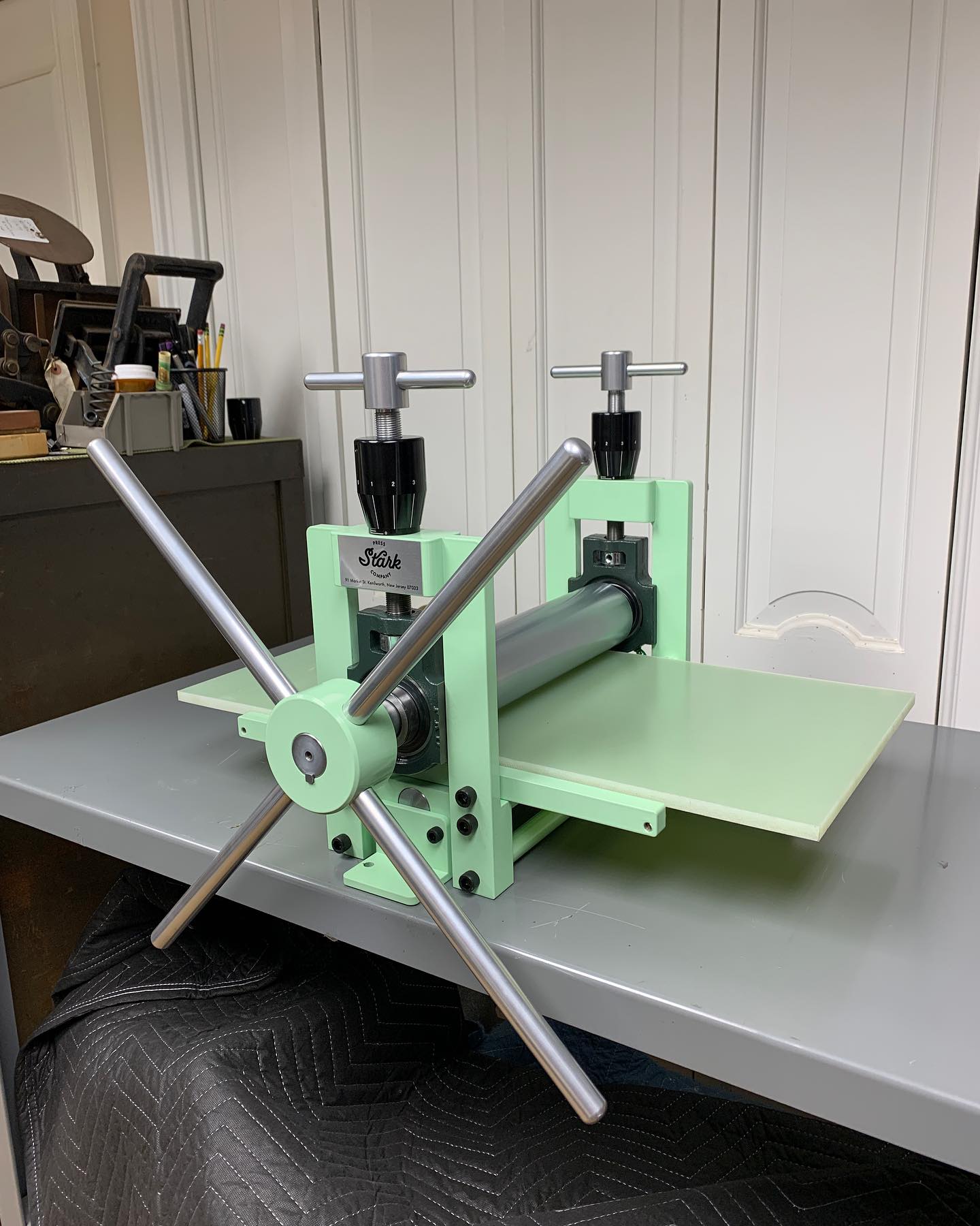 Two new custom colored Stark Press Co. SPC-1224 Deluxes ready for their new homes. The mint green one is going to New Mexico and the spring yellow one is off to New York. We look forward to seeing what the receiving artists will produce with them! #starkpressco #pinklinepress #printnj #etchingpress #printingpress #tabletoppress #printmaking #printer #print #printing #intaglio #reliefprint #monotype #etching #preservationthroughproduction #artistsoninstagram #pressmanufacturing